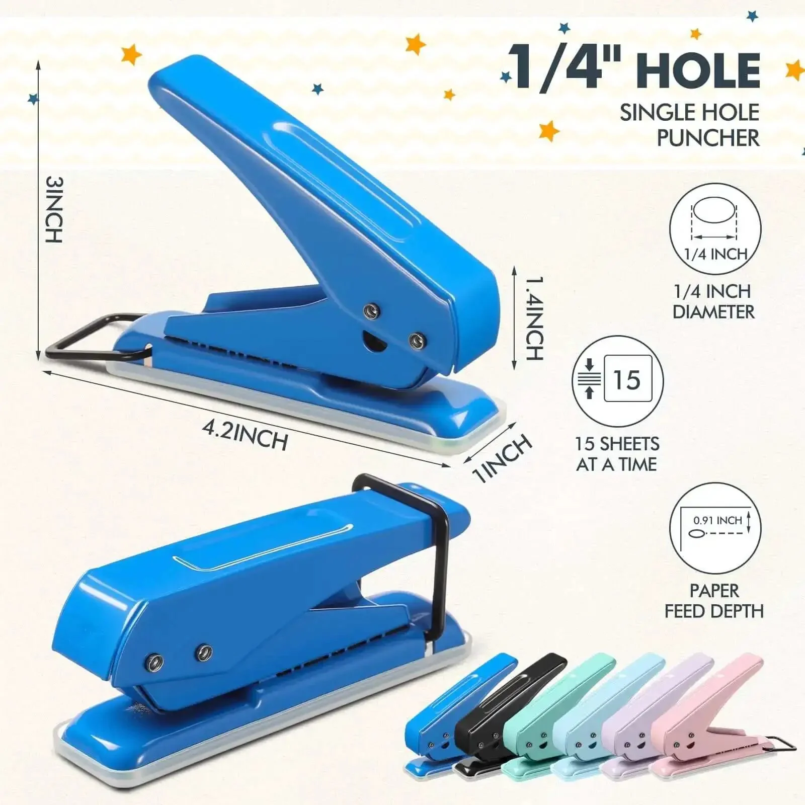 Six Color Single Hole Puncher Pack In One Quarter Inch Metal Handheld, Go-To Heavy Duty Tool With 15 Sheet Capacity, Portable Punch For Tags, Crafts, ID Cards, Chipboard And Art Projects - Image 6