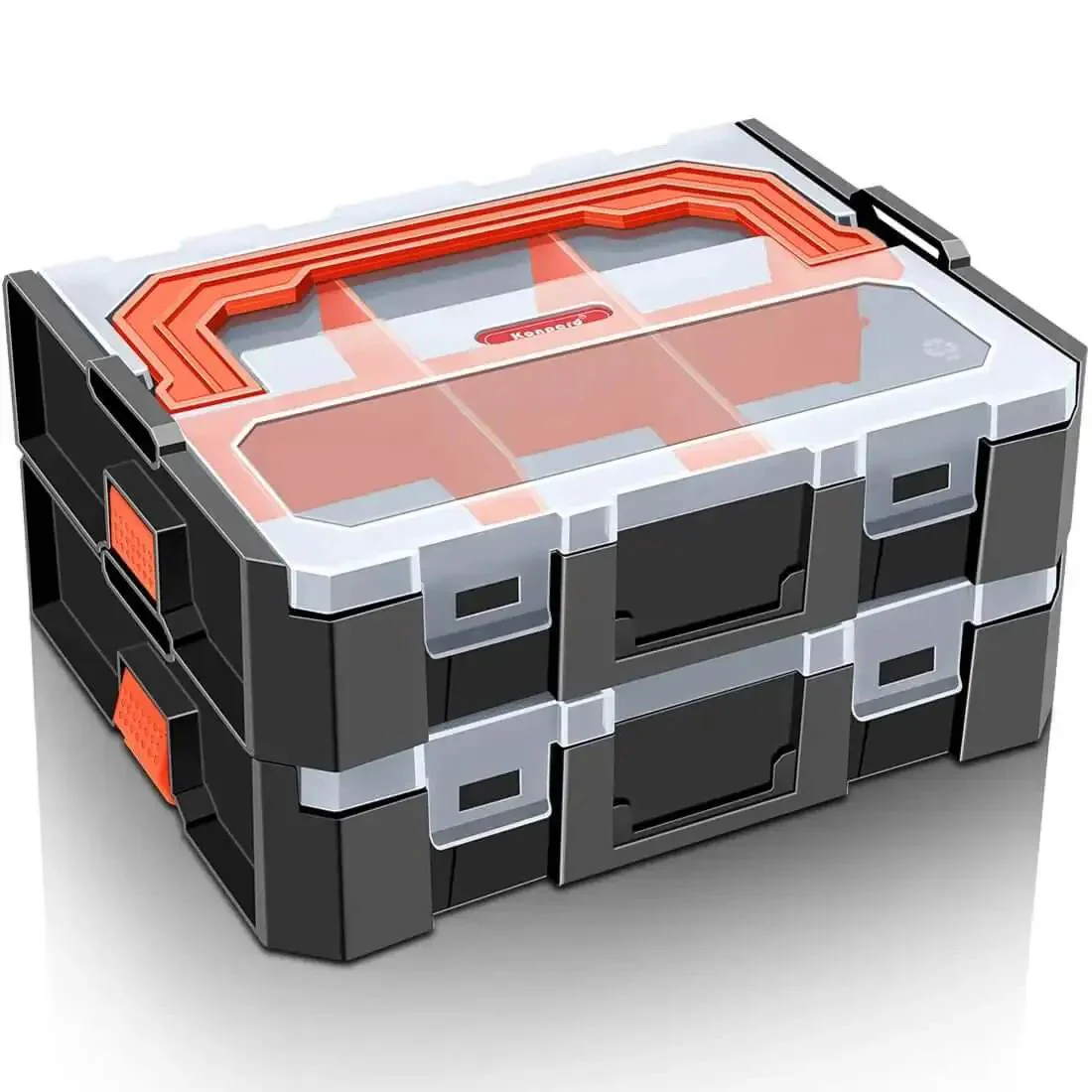 Six Compartment Small Parts Organizer With Stackable Design And Removable Dividers For Hardware, Includes Two Pieces, Clear Durable Case For Garage, Workshop, DIY Projects And Tool Gear Sorting