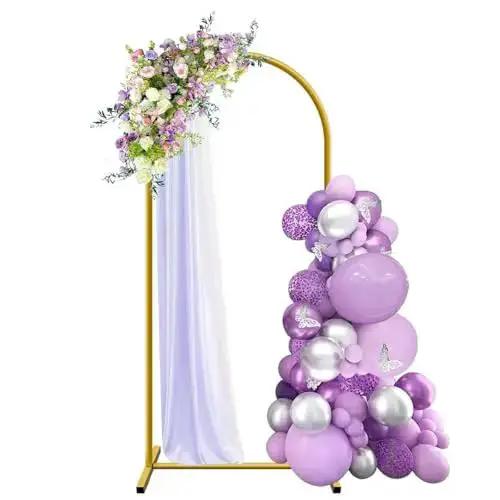 Six Foot Arch Backdrop Stand For Balloons And Garlands, Sturdy Metal Wedding Frame With Square Base Ground Nails, Easy Setup Gold Finish For Birthday Parties Baby Showers And Special Events