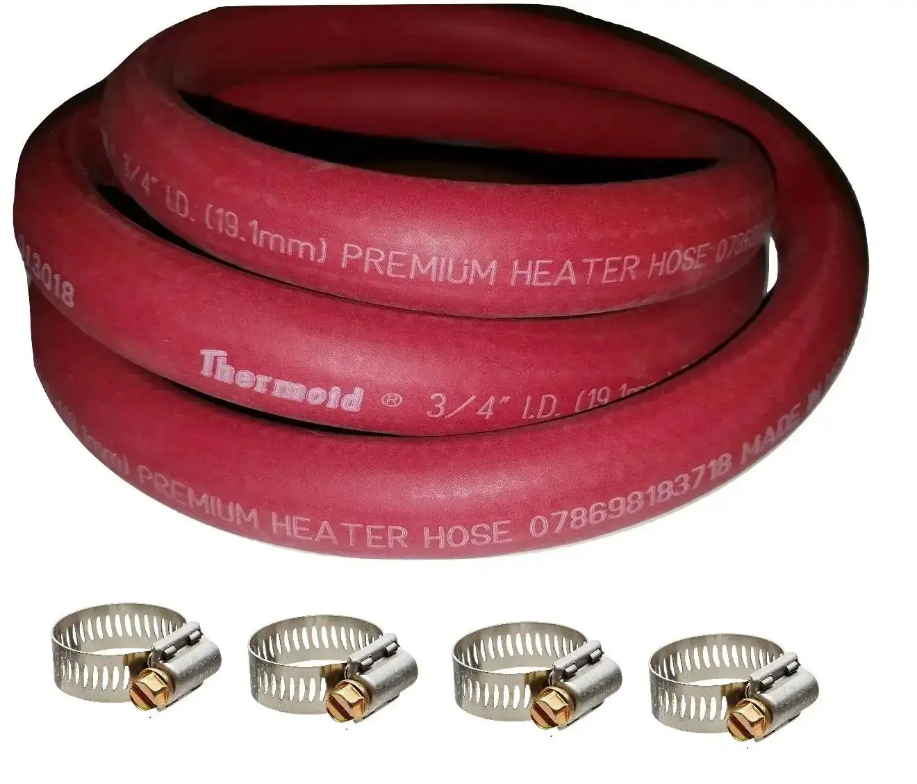 Six Foot Long Three Quarter Inch Inner Diameter Red EPDM Heater Hose Bundle With Four Twelve Breeze Clamps For Cars Trucks Tractors And Small Engines Durable Nitrile Tube With Dual Spiral Polyester Reinforcement Made In USA