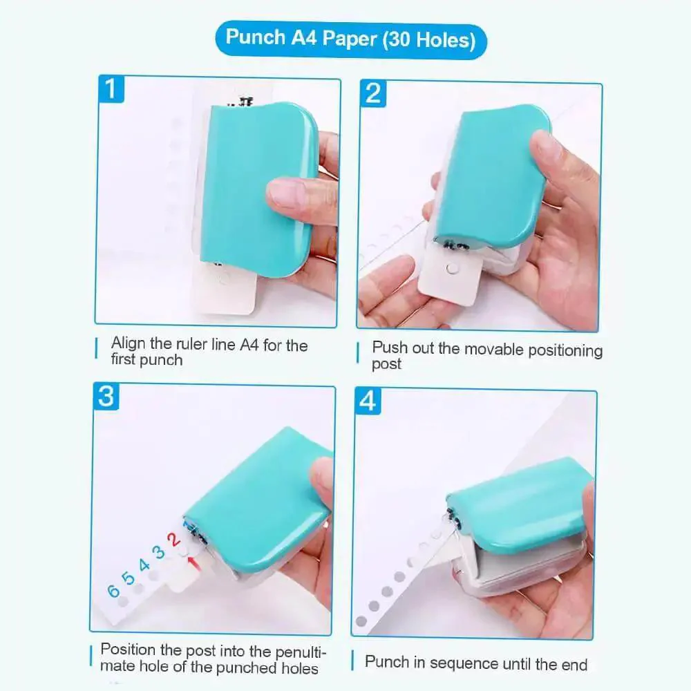 Six Hole Puncher For Loose Leaf Notebooks And Scrapbooks, A4 A5 B5 Compatible Handheld Circle Paper Puncher, Easy Grip Durable Metal Construction With 5 Sheet Capacity White - Image 3