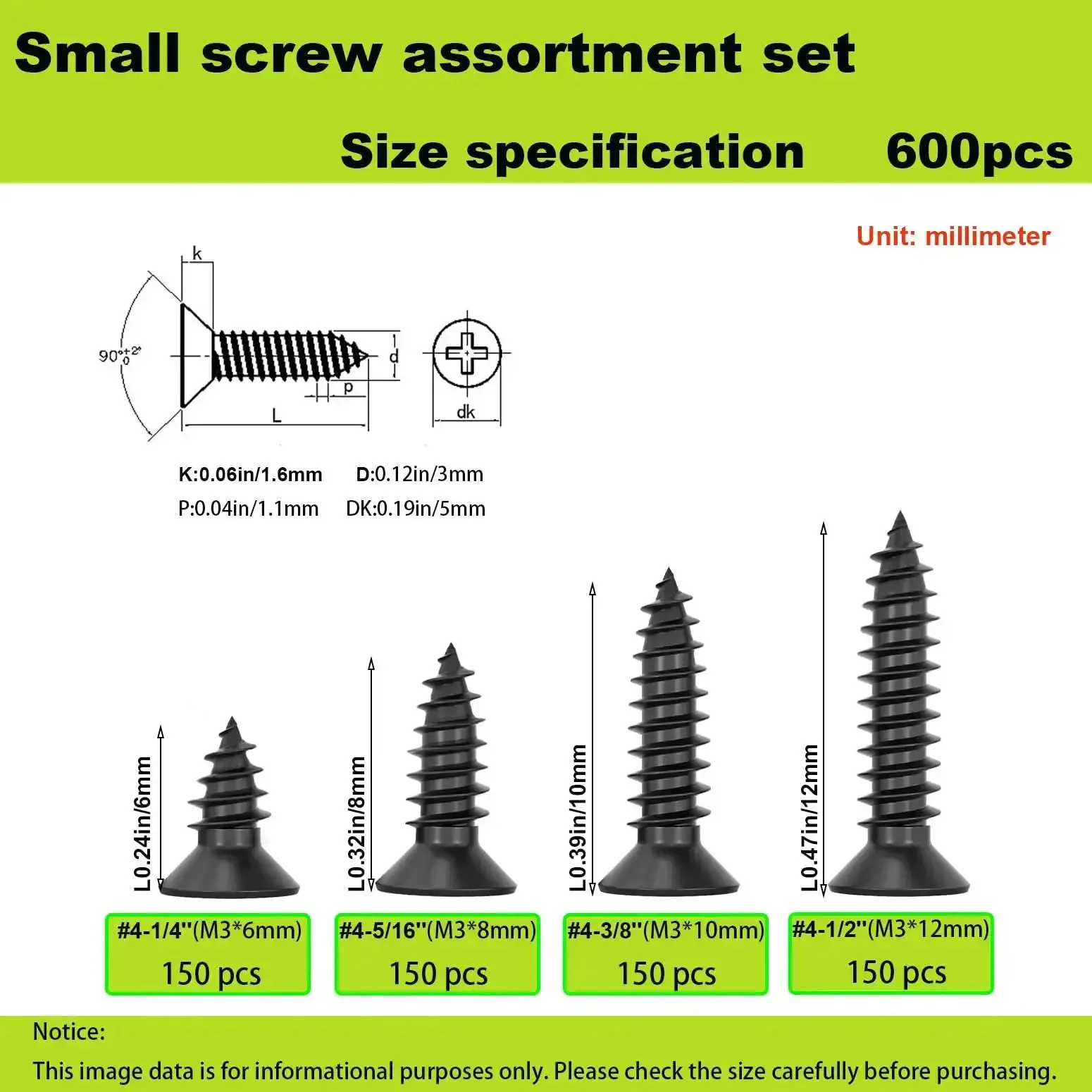 Six Hundred Pieces M3 Black Wood Screws Set Handy Short Lengths 6mm 8mm 10mm 12mm For Electronics DIY Cabinets Tiny Screws And Micro Woodworking Projects - Image 4