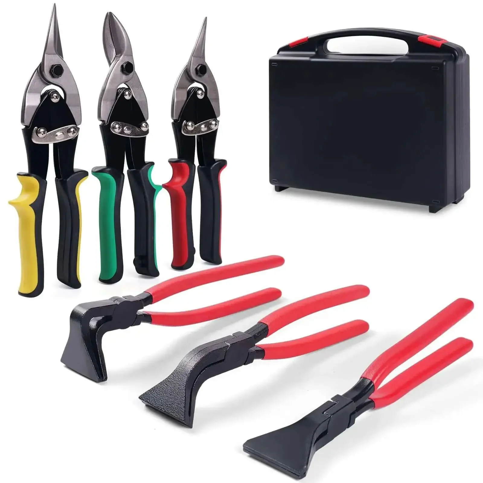 Six In One Sheet Metal Tool Set Pro Grade Heavy Duty Bending And Cutting Kit With Three Hand Seamers And Three Aviation Tin Snips For HVAC Roofing And Duct Work Plus Storage Case