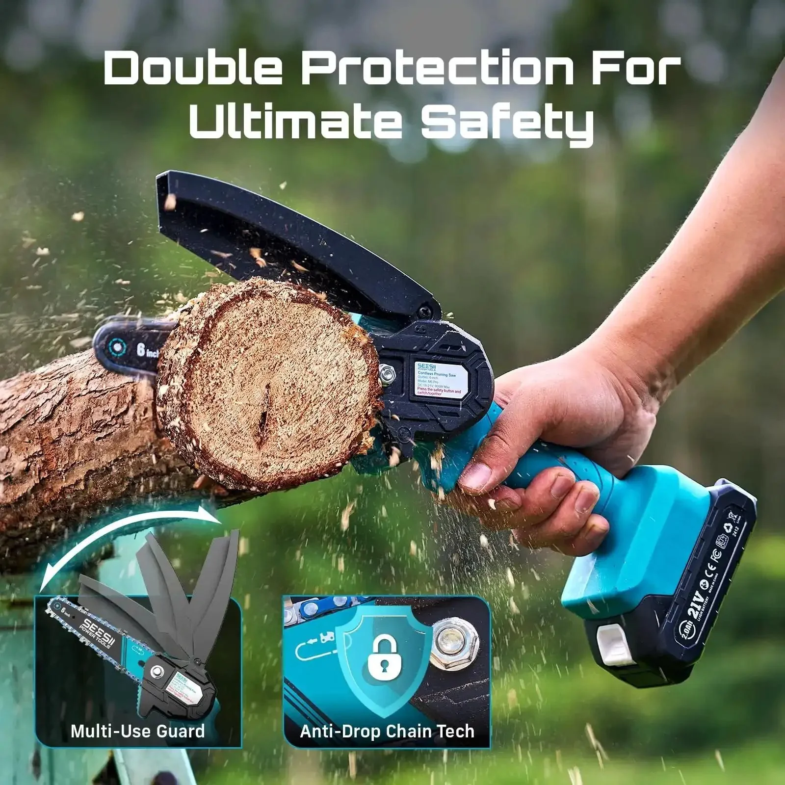 Six Inch Cordless Mini Chainsaw With Two Batteries Portable Electric Chainsaw For Tree Trimming And Wood Cutting Beast 900W Motor Delivers Smooth Cuts Up To Thirty Feet Per Second Through Wood Up To Fifteen Centimeters Thick Great Gift For Dad - Image 3