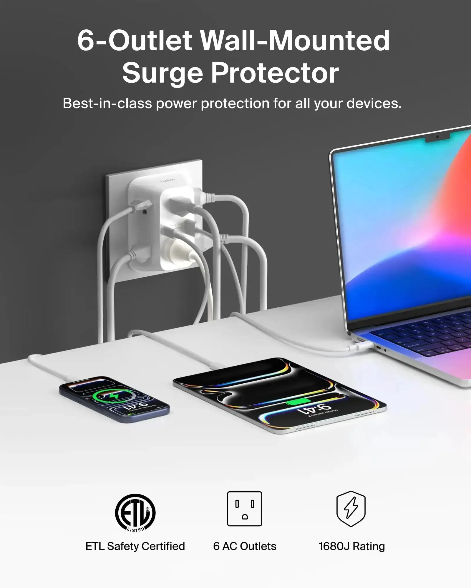 Six Outlet Surge Protector Power Strip With USB C And USB A Ports For PD Fast Charge ETL Listed Wall Mountable 1680 Joules Of Protection LED Indicator Overvoltage Protection - Image 8
