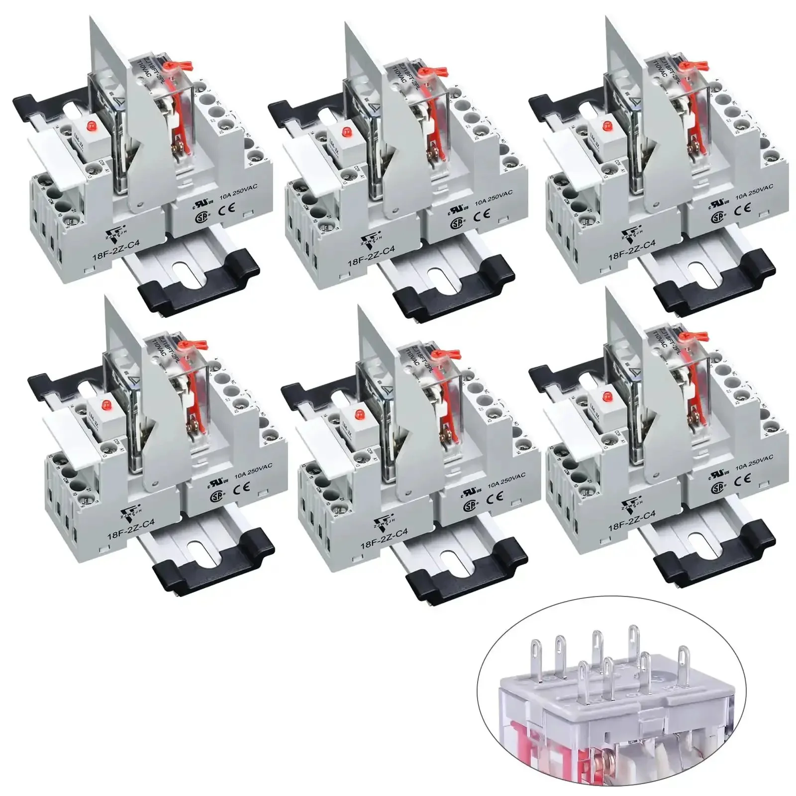 Six Pack 110V Electromagnetic Relays Kit With 8-Pin DPDT 2NO 2NC, 10 Amp, Test Switch, LED Indicator, DIN Rail Mount, 120V AC, UL Listed LED Light Module Perfect For DIN Rail Systems