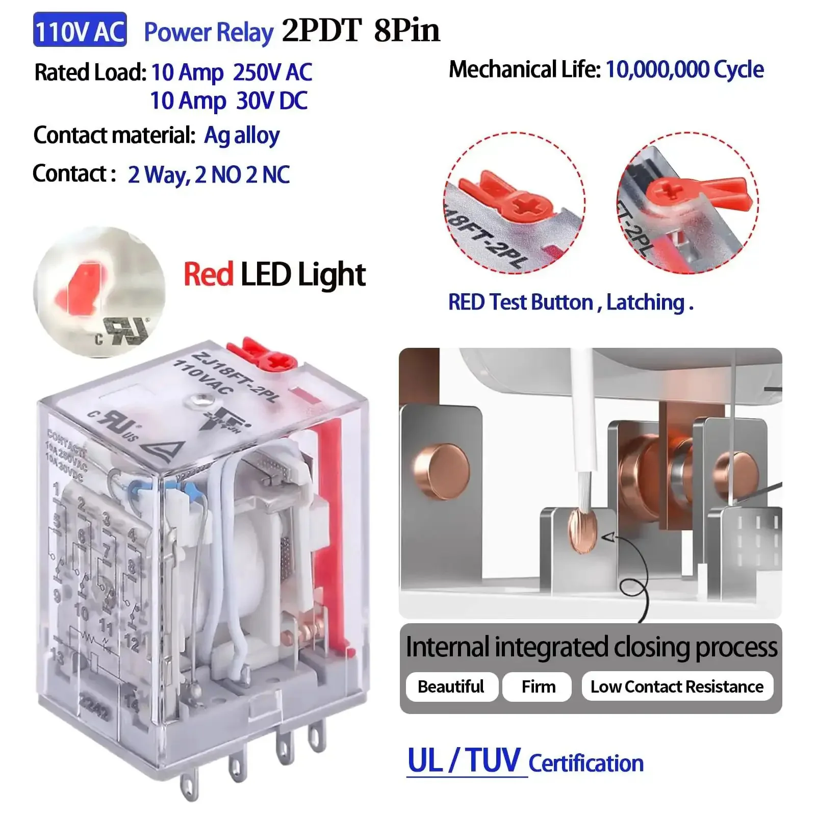 Six Pack 110V Electromagnetic Relays Kit With 8-Pin DPDT 2NO 2NC, 10 Amp, Test Switch, LED Indicator, DIN Rail Mount, 120V AC, UL Listed LED Light Module Perfect For DIN Rail Systems - Image 6