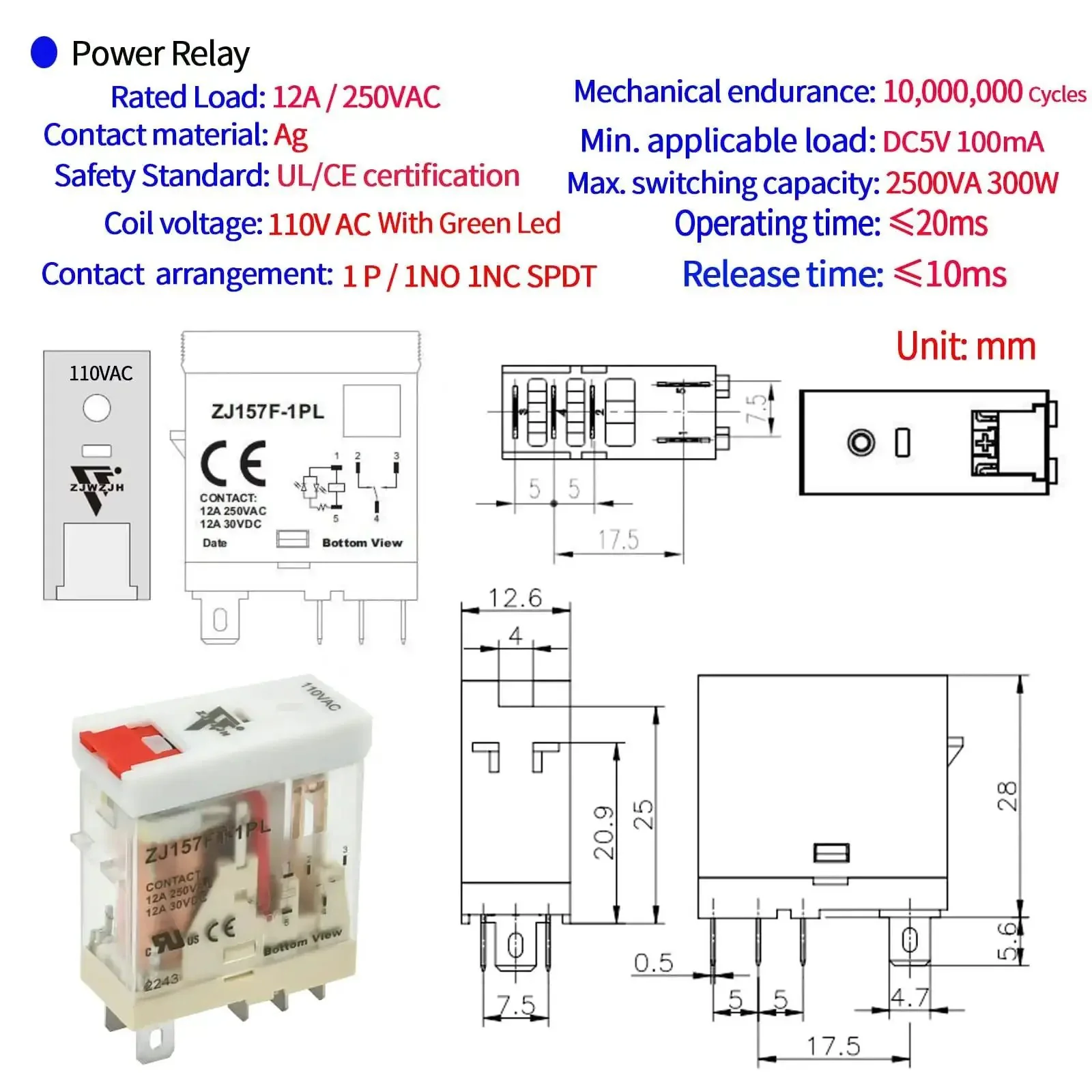 Six Pack 12 Amp 110V Electromagnetic Relay With Handy Test Switch LED Indicator 1NO 1NC SPDT DPDT 5 Pin Socket Base DIN Rail Mount Screw Terminal 110V Relay UL Listed CE Certified Compact Low Profile Design For Easy Panel And DIN Rail Mounting With - Image 3