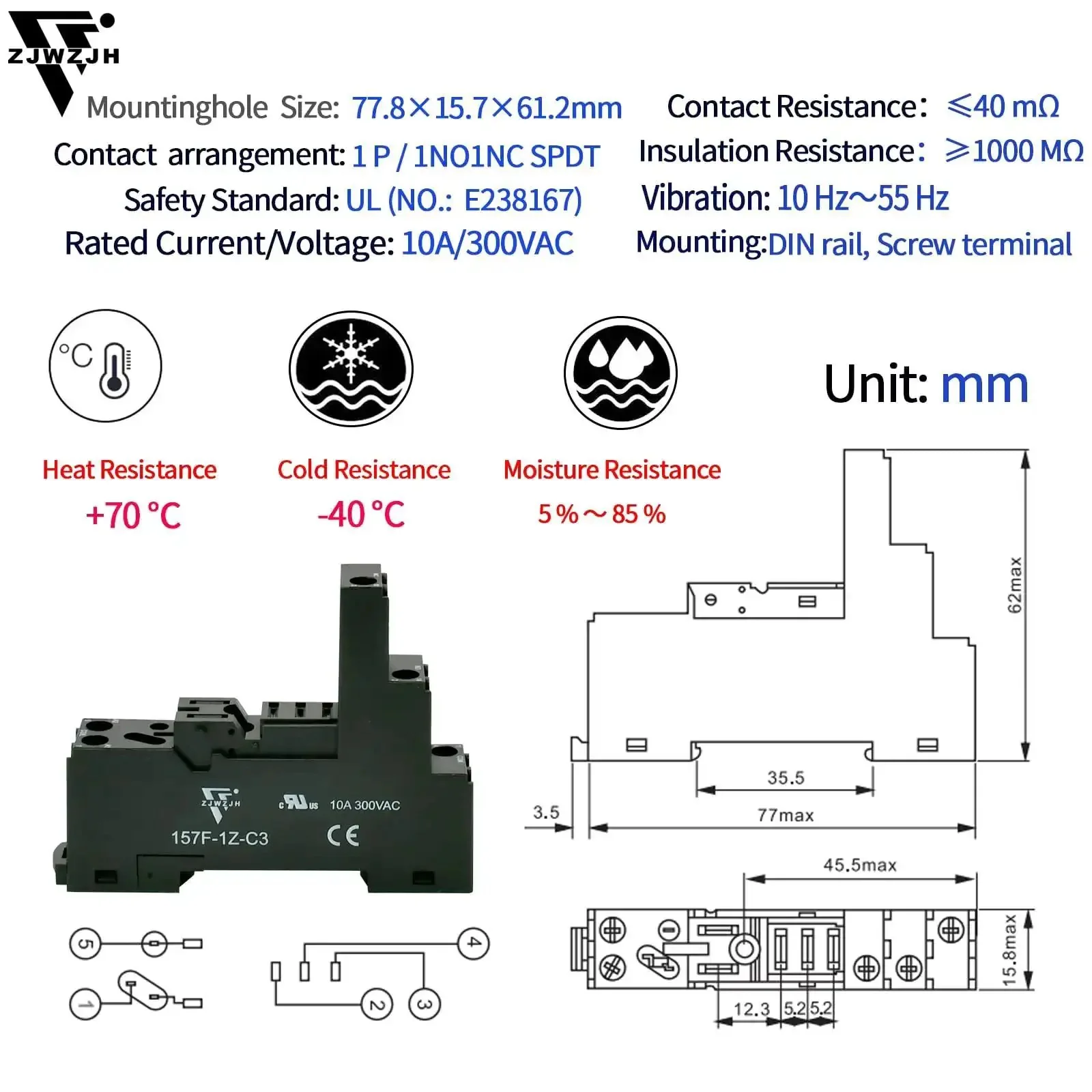 Six Pack 12 Amp 110V Electromagnetic Relay With Handy Test Switch LED Indicator 1NO 1NC SPDT DPDT 5 Pin Socket Base DIN Rail Mount Screw Terminal 110V Relay UL Listed CE Certified Compact Low Profile Design For Easy Panel And DIN Rail Mounting With - Image 4