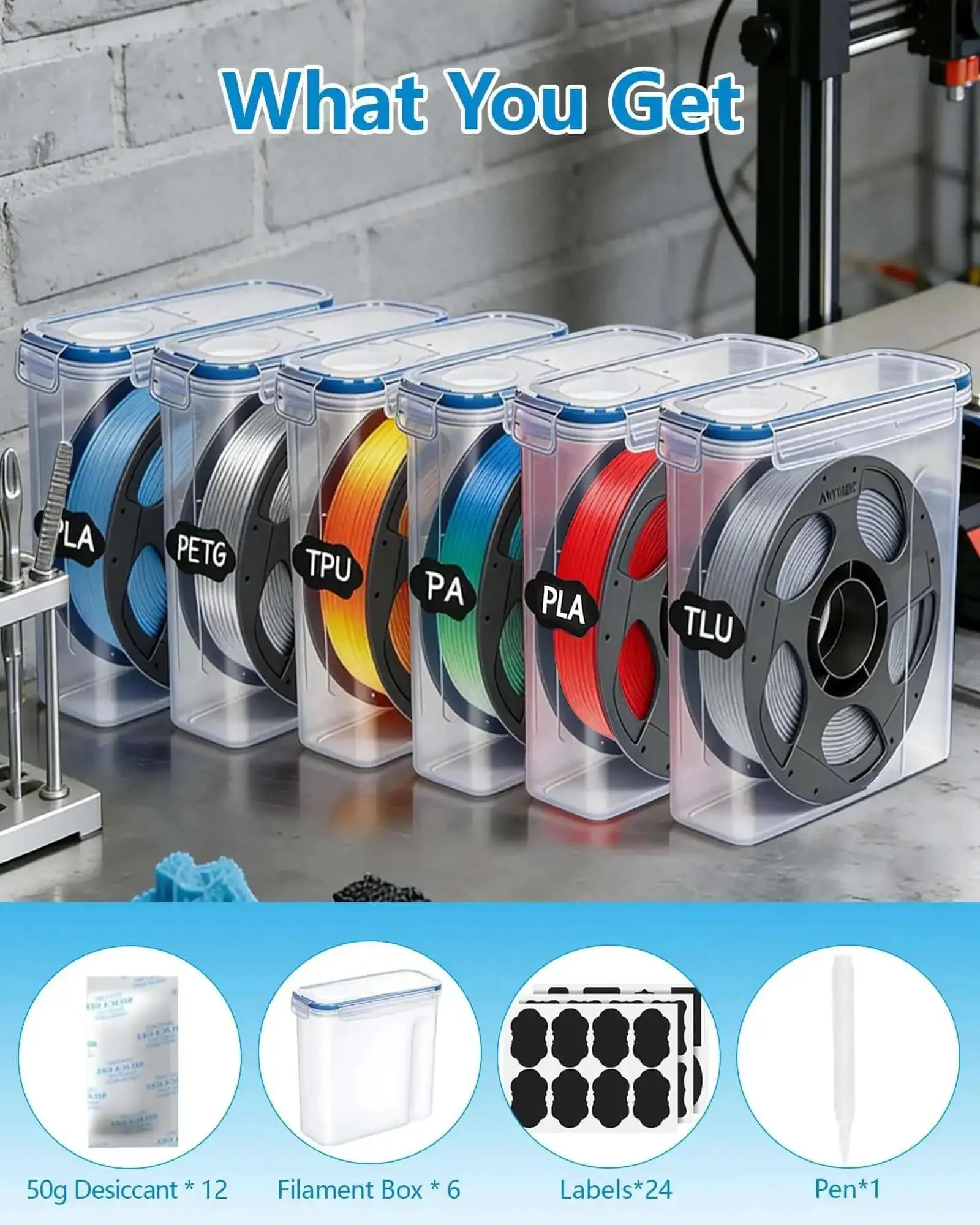Six Pack 1.75mm Filament Storage Boxes With Desiccants Portable Waterproof Dustproof Case For 3D Printer Filament Transparent Blue Keeps Filament Dry Easy Labeling And On The Go Organization - Image 3