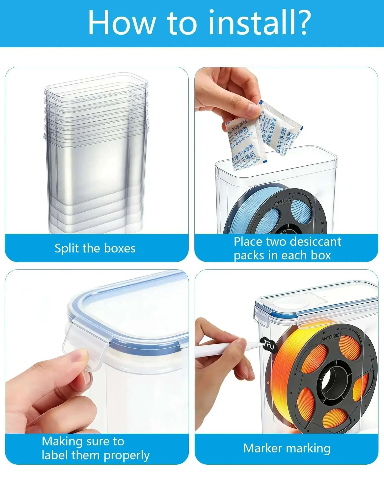 Six Pack 1.75mm Filament Storage Boxes With Desiccants Portable Waterproof Dustproof Case For 3D Printer Filament Transparent Blue Keeps Filament Dry Easy Labeling And On The Go Organization - Image 7
