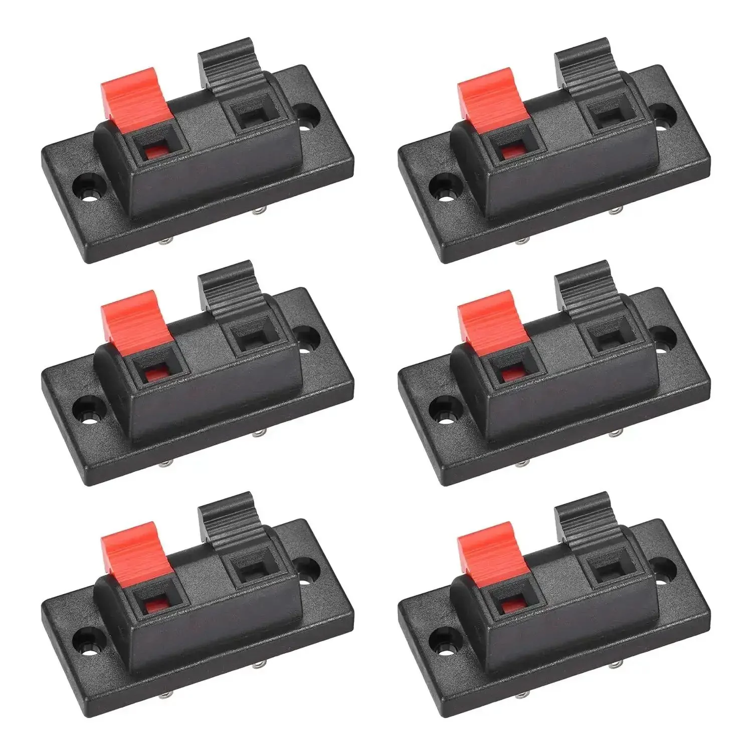 Six Pack 2 Way Speaker Spring Terminal Clips Connectors WP2-10 Push Release Test Clips For Quick Wire Hookups Solid Connection Fits AWG 24 To 16 Cables Red Black Color Coding 50V 3A Spring Loaded Terminal Strip Block