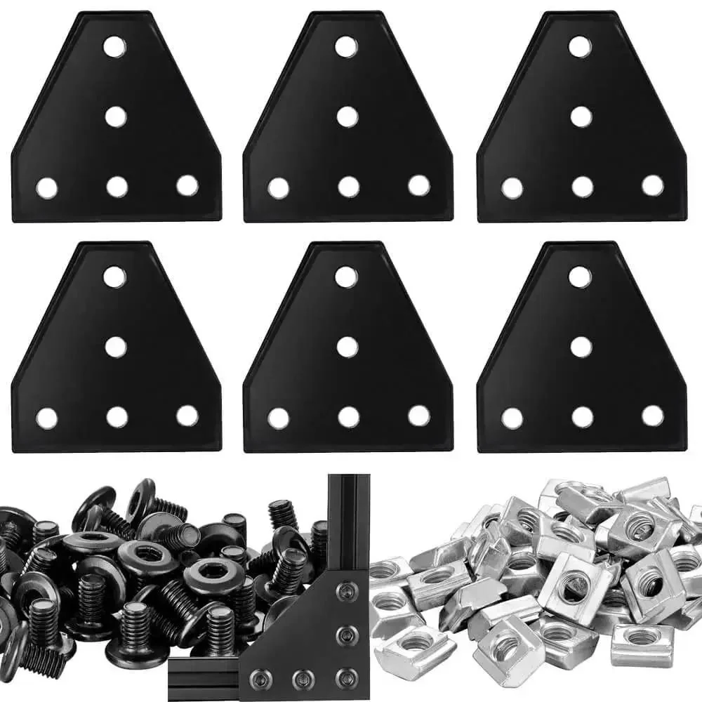 Six Pack 2020 Corner Bracket Connectors For 6mm Aluminum Extrusion, 5 Hole T Shape Joint Plates, Plug And Play Easy Install For 2020 Series Frames, Ideal For DIY Projects, 3D Printers, CNC Routers, Robotics, Black