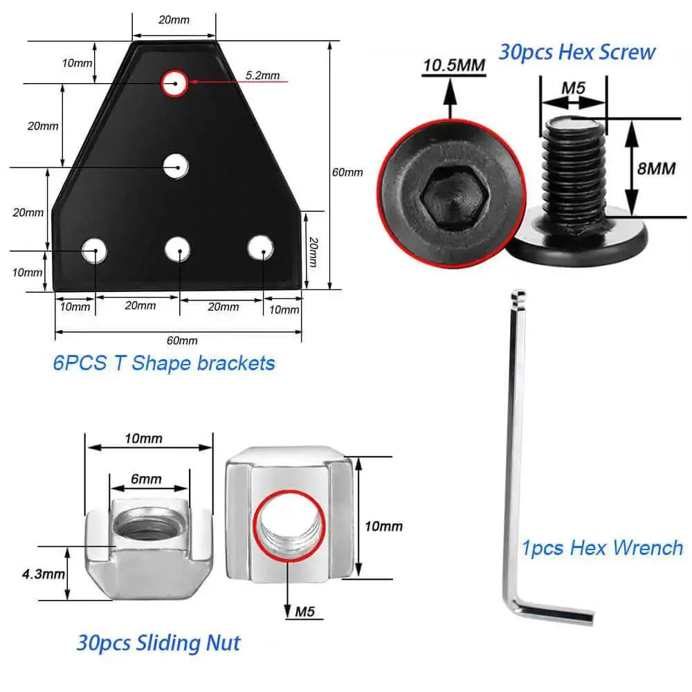 Six Pack 2020 Corner Bracket Connectors For 6mm Aluminum Extrusion, 5 Hole T Shape Joint Plates, Plug And Play Easy Install For 2020 Series Frames, Ideal For DIY Projects, 3D Printers, CNC Routers, Robotics, Black - Image 6
