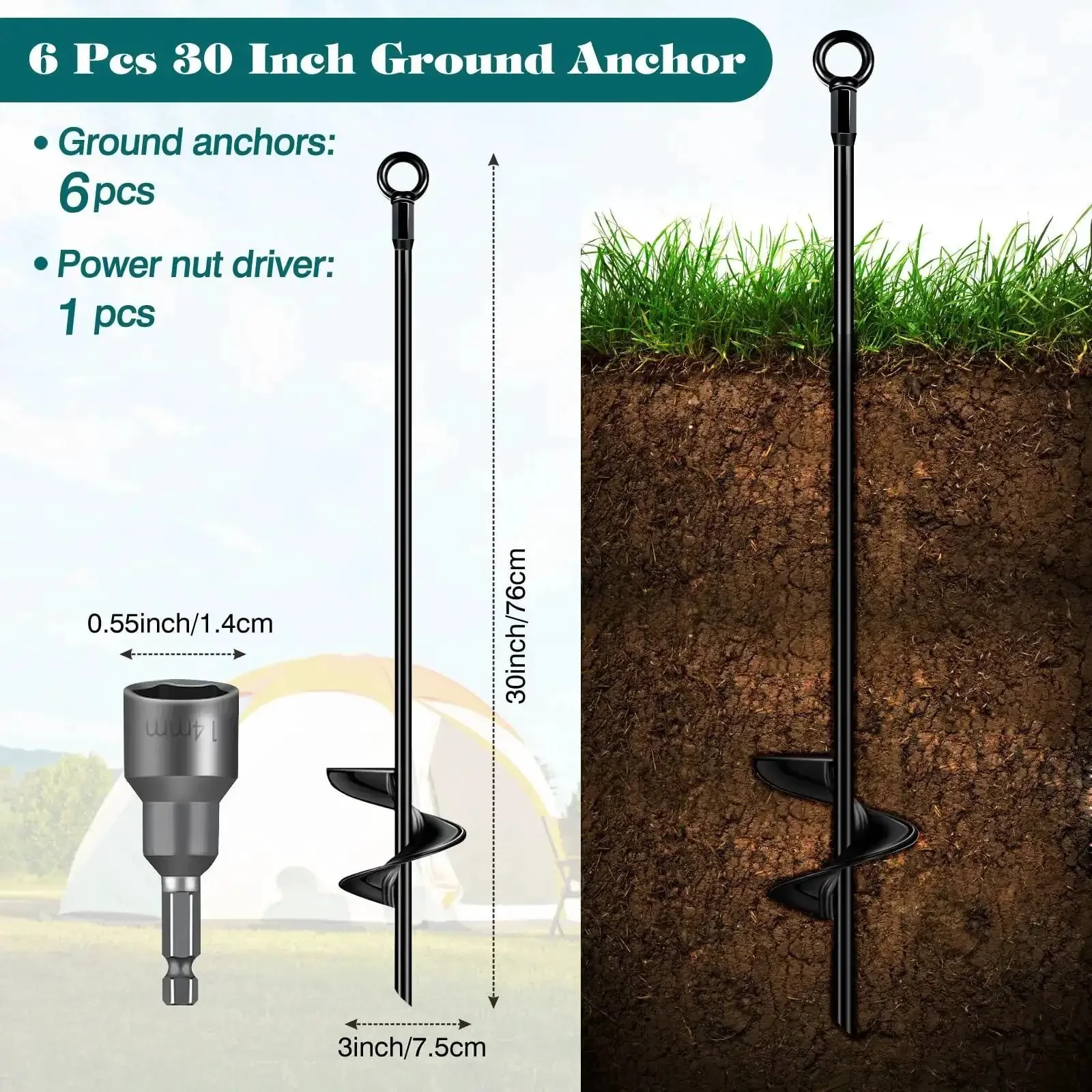 Six Pack 30 Inch Auger Earth Shed Anchor Kit With Spiral Blade Heavy Duty Wind Stakes For Trailers Shelters Tents Canopies Swing Sets And Outdoor Gear Easy Drill Drive System - Image 6