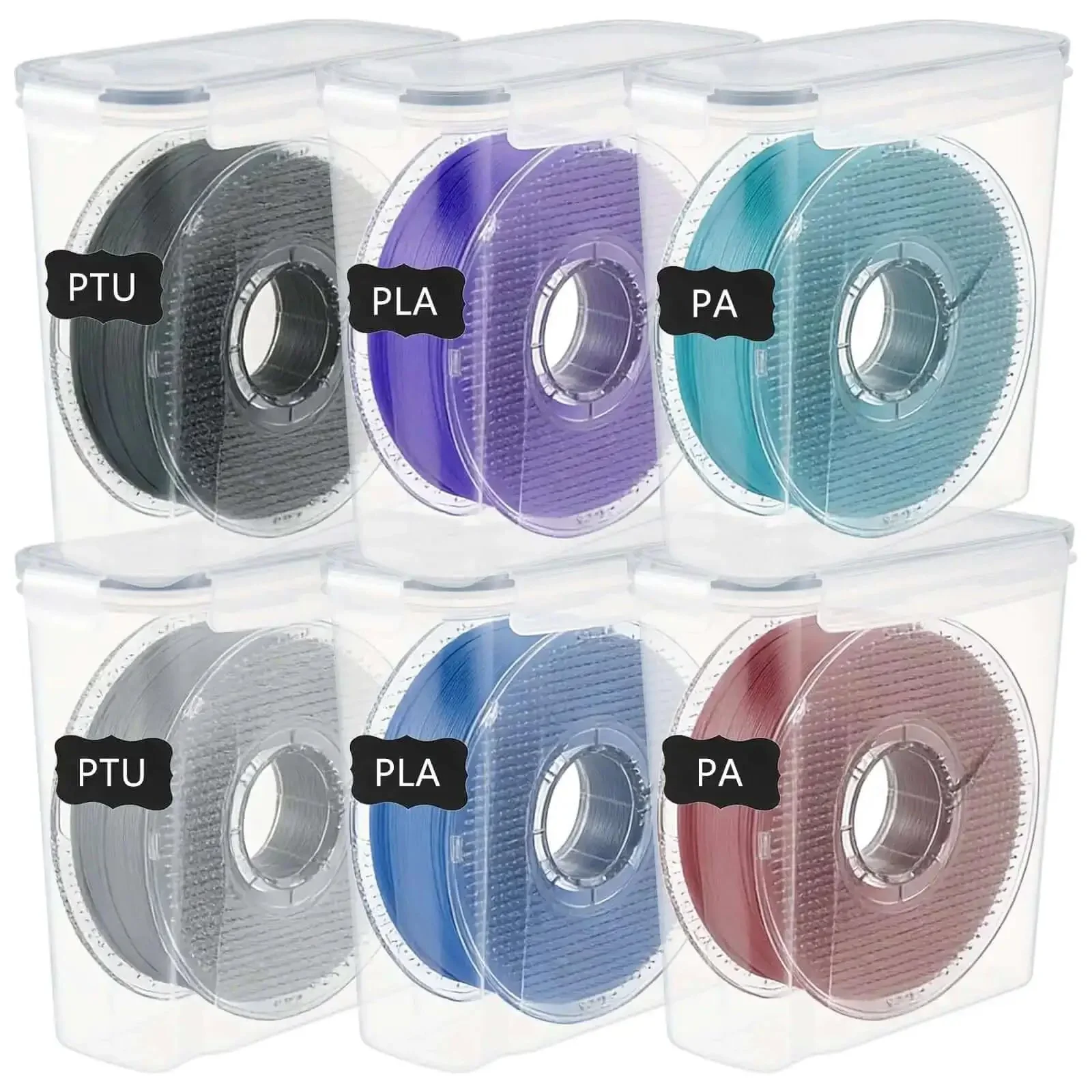 Six Pack 3D Printing Filament Storage Boxes With Thick Silicone Seal Dustproof Portable Organizer That Keeps Your Filament Neat For 1.75mm PLA ABS PETG TPU PA Filaments Includes Marker And Labels, Universal 1kg Spool Compatibility, Dimensions 9.37 x 8.26