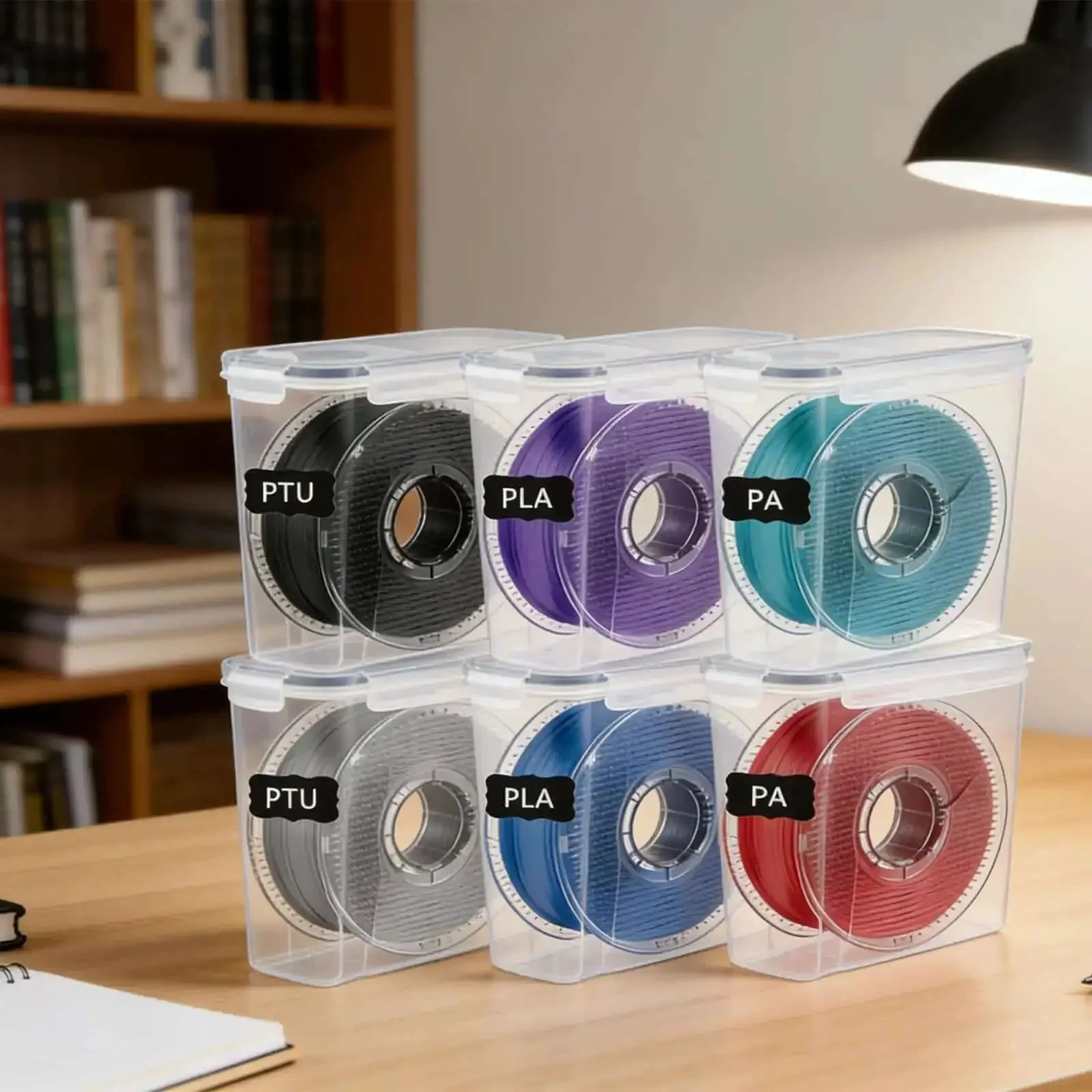 Six Pack 3D Printing Filament Storage Boxes With Thick Silicone Seal Dustproof Portable Organizer That Keeps Your Filament Neat For 1.75mm PLA ABS PETG TPU PA Filaments Includes Marker And Labels, Universal 1kg Spool Compatibility, Dimensions 9.37 x 8.26 - Image 2