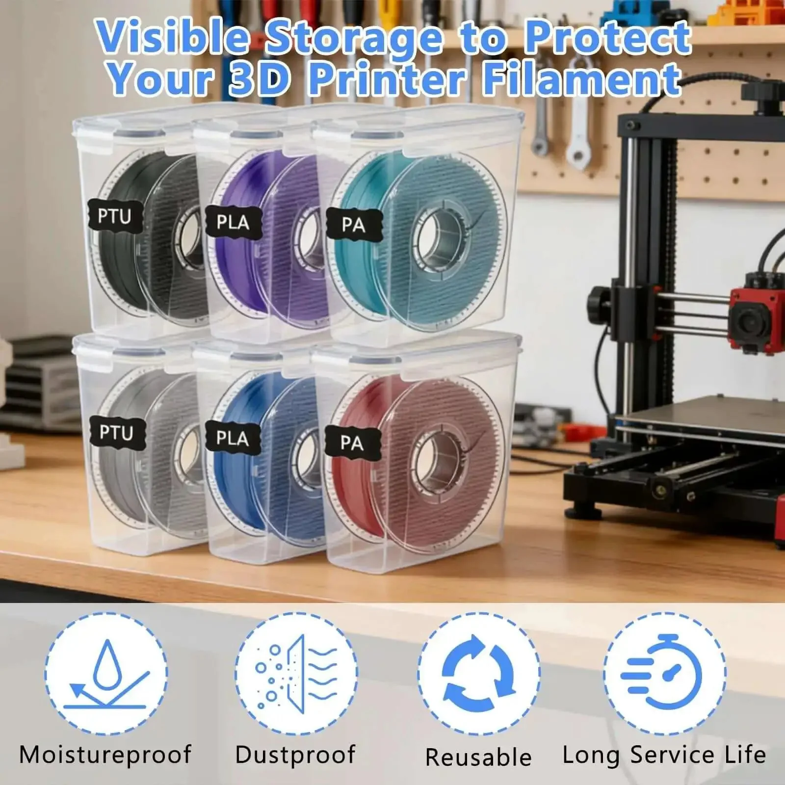 Six Pack 3D Printing Filament Storage Boxes With Thick Silicone Seal Dustproof Portable Organizer That Keeps Your Filament Neat For 1.75mm PLA ABS PETG TPU PA Filaments Includes Marker And Labels, Universal 1kg Spool Compatibility, Dimensions 9.37 x 8.26 - Image 5