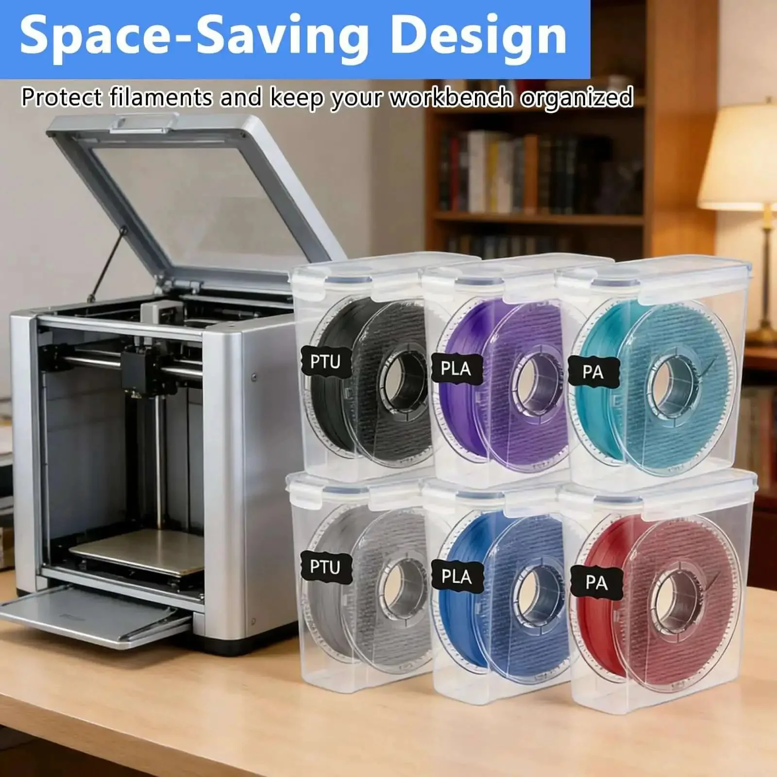 Six Pack 3D Printing Filament Storage Boxes With Thick Silicone Seal Dustproof Portable Organizer That Keeps Your Filament Neat For 1.75mm PLA ABS PETG TPU PA Filaments Includes Marker And Labels, Universal 1kg Spool Compatibility, Dimensions 9.37 x 8.26 - Image 6