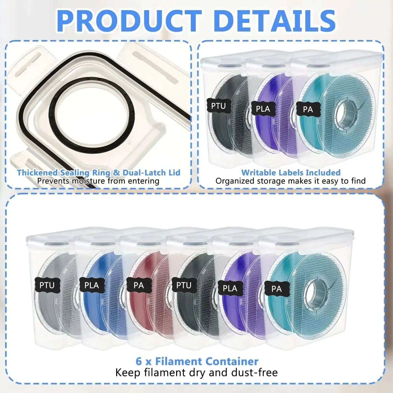 Six Pack 3D Printing Filament Storage Boxes With Thick Silicone Seal Dustproof Portable Organizer That Keeps Your Filament Neat For 1.75mm PLA ABS PETG TPU PA Filaments Includes Marker And Labels, Universal 1kg Spool Compatibility, Dimensions 9.37 x 8.26 - Image 7