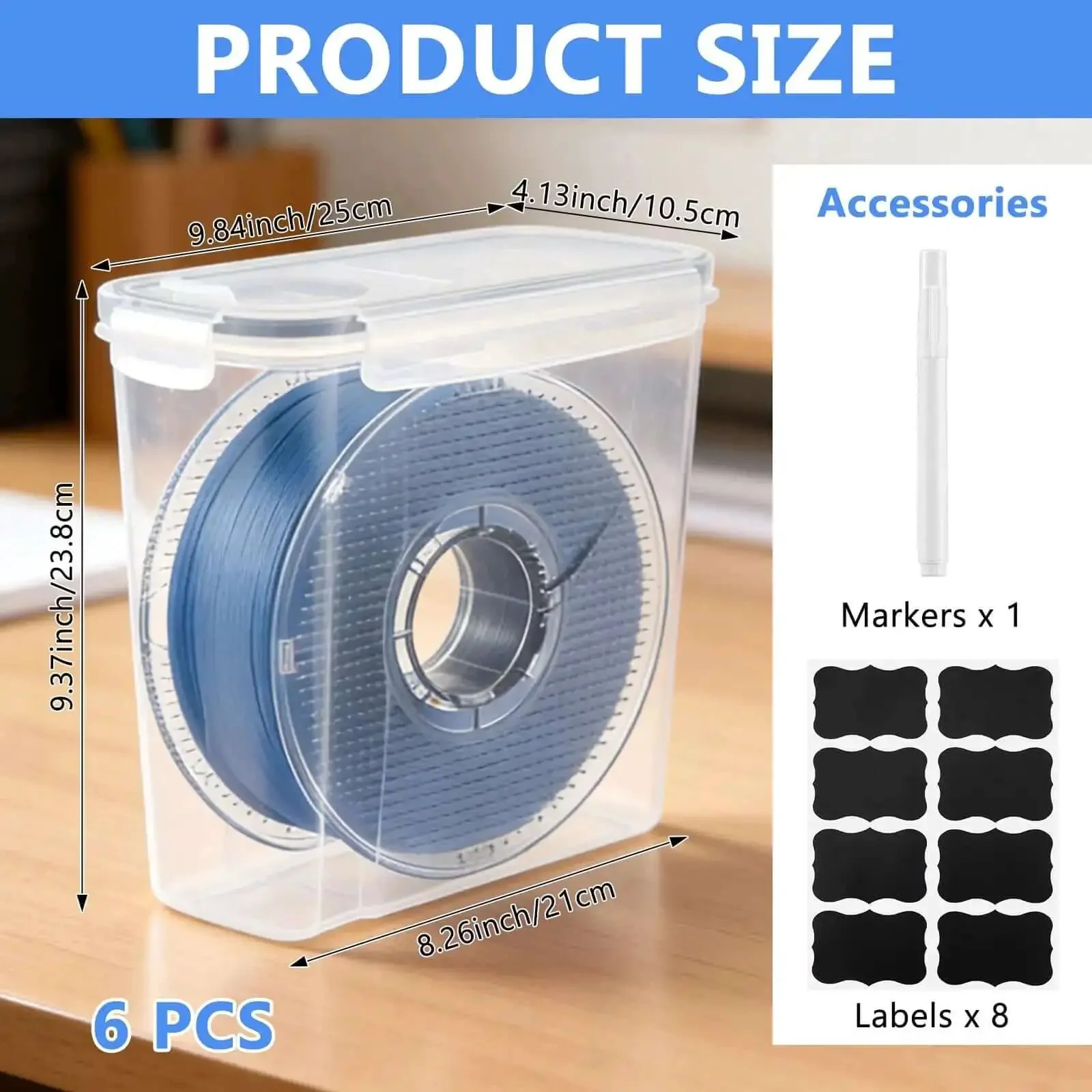 Six Pack 3D Printing Filament Storage Boxes With Thick Silicone Seal Dustproof Portable Organizer That Keeps Your Filament Neat For 1.75mm PLA ABS PETG TPU PA Filaments Includes Marker And Labels, Universal 1kg Spool Compatibility, Dimensions 9.37 x 8.26 - Image 8