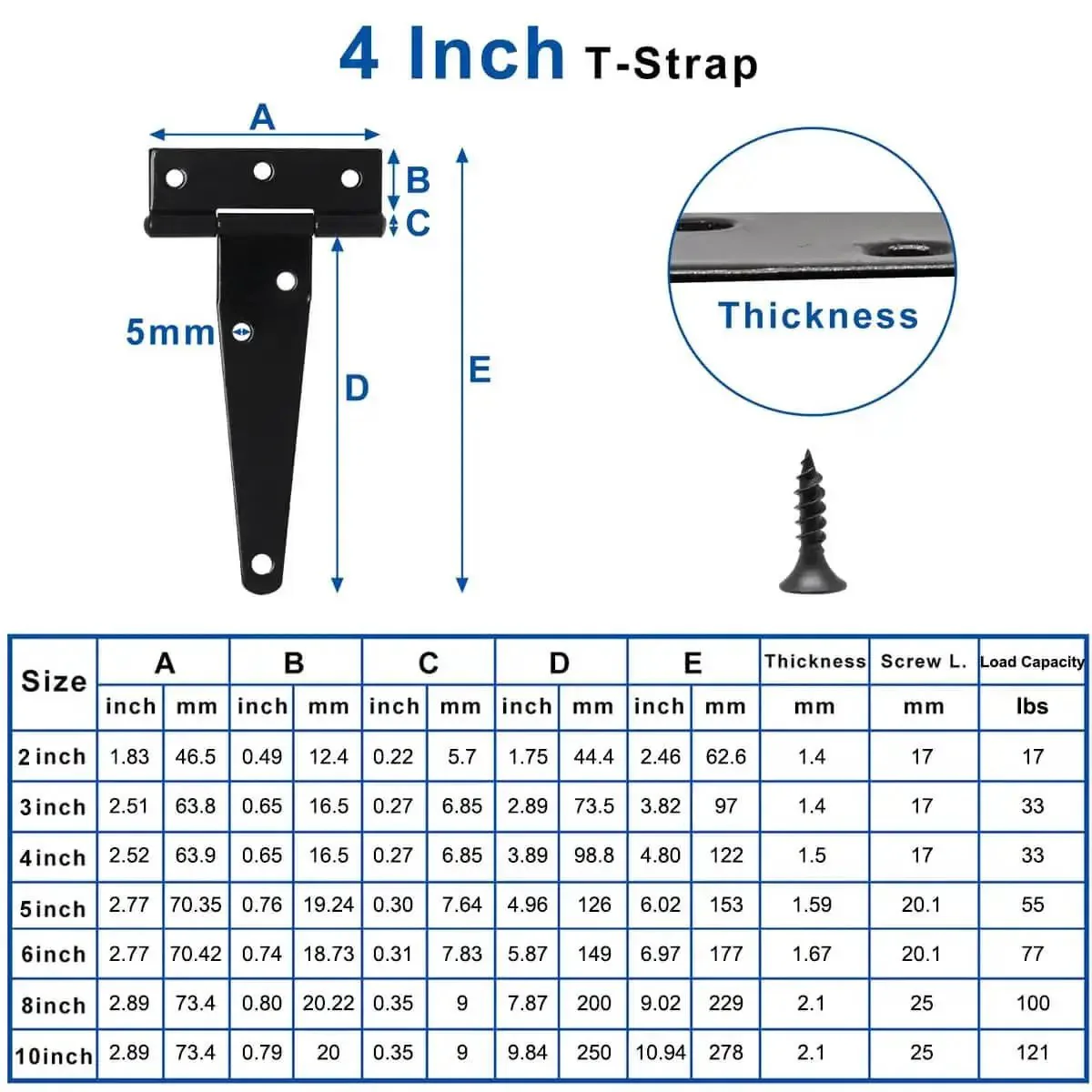 Six Pack 4 Inch T Strap Hinges Black Outdoor Gate Hinges For Wooden Fences Beefy Heavy Duty Tee Hinges For Shed Barn Doors Gates Rugged Carbon Steel With Galvanized Matte Black Finish - Image 8