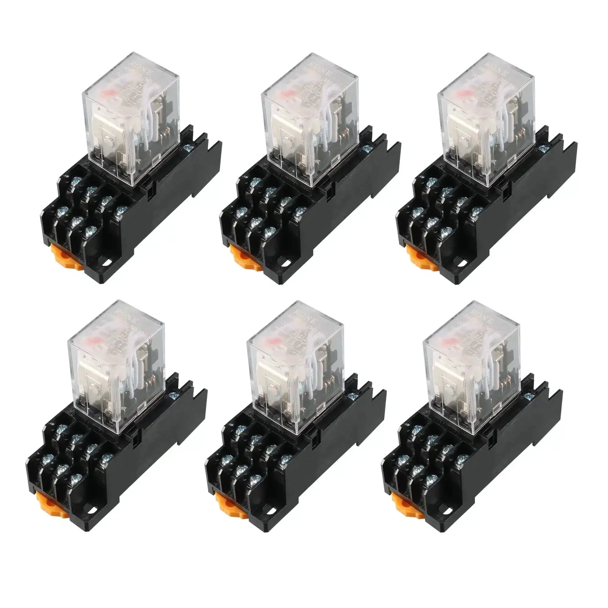 Six Pack AC 110V And 120V 4PDT DIN Rail Power Relay With Socket Set, 14 Terminals, 35mm Mount, Red Indicator, Plastic Shell, Industrial Control Relay Kit