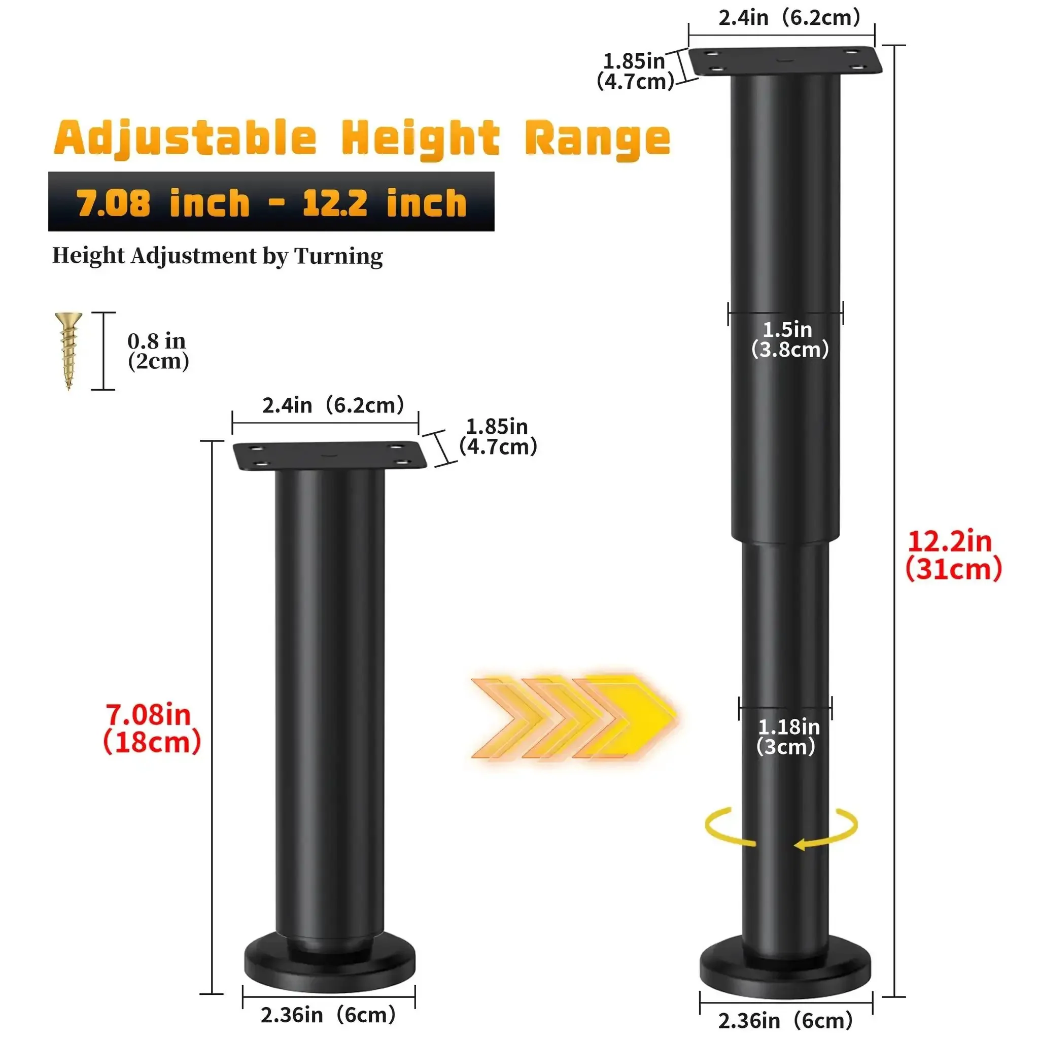 Six Pack Adjustable Height Bed Support Legs 7.08 to 12.2 Inches Heavy Duty Metal Bed Frame Slat Center Legs for Bed Sofa Cabinet Couch Dresser Table Replacement - Image 7