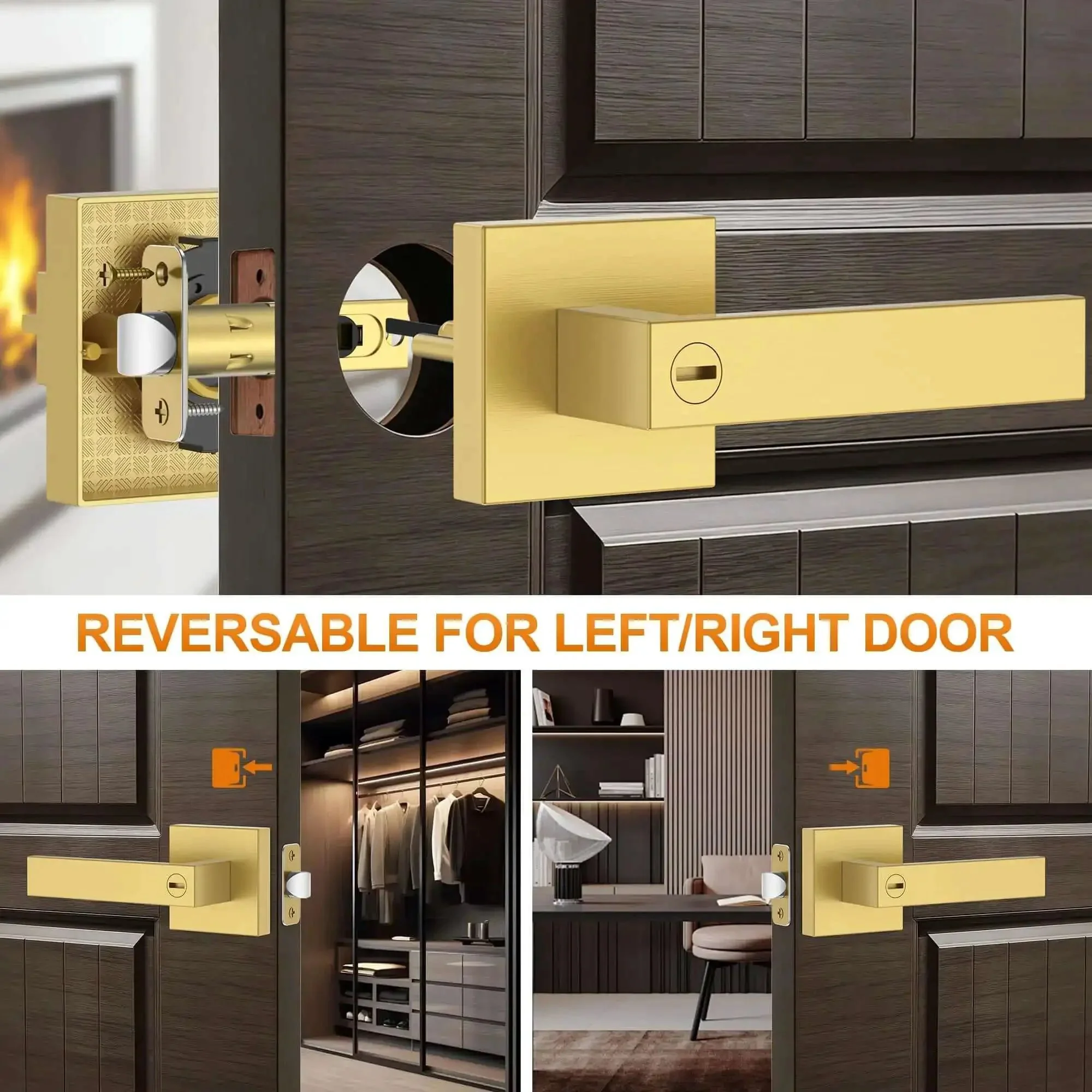 Six Pack Brushed Gold Door Handles For Interior Doors, Heavy Duty Flat Square Privacy Levers, Keyless Lever Set For Bedroom And Bathroom, Noiseless Twist, Durable Electroplated Finish - Image 2
