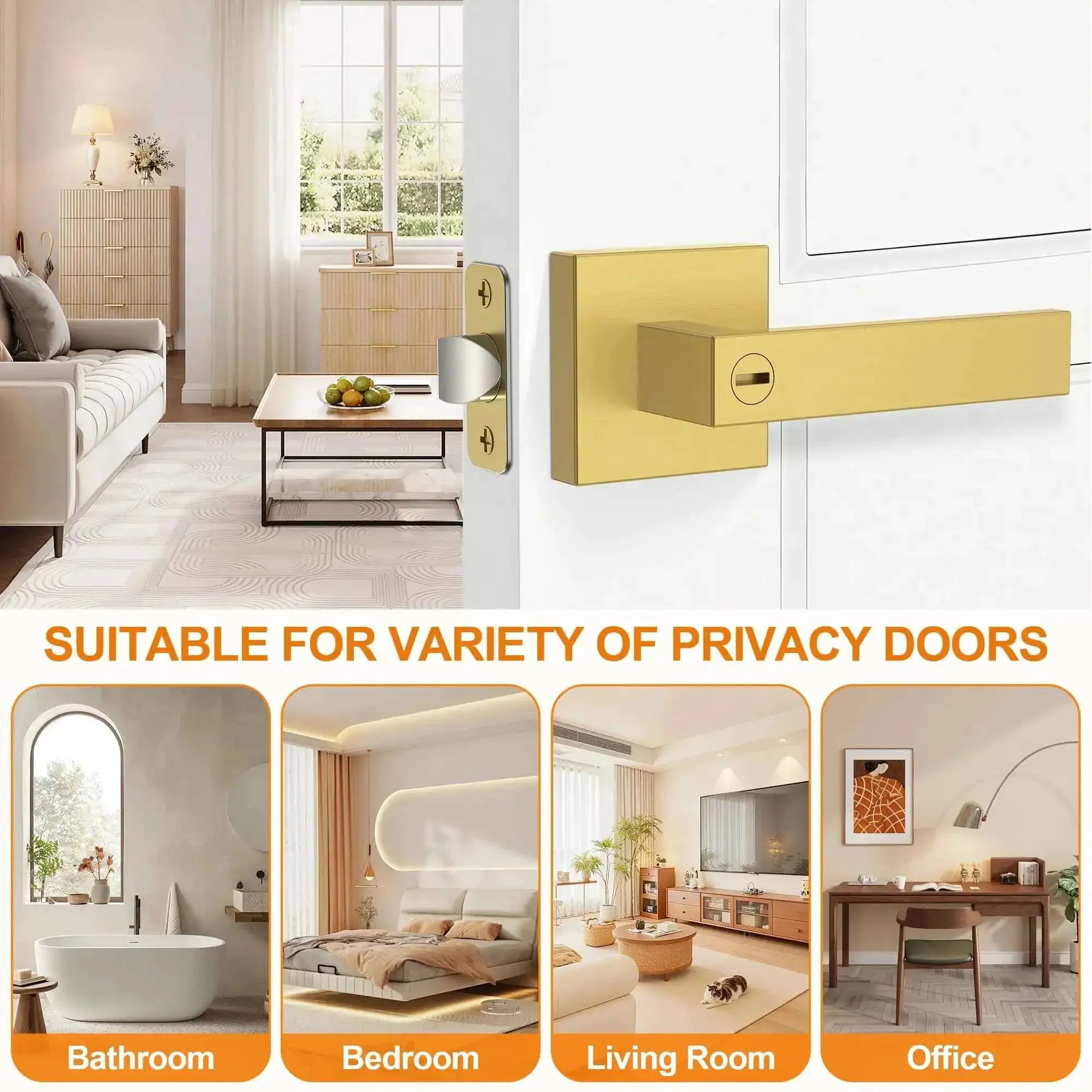 Six Pack Brushed Gold Door Handles For Interior Doors, Heavy Duty Flat Square Privacy Levers, Keyless Lever Set For Bedroom And Bathroom, Noiseless Twist, Durable Electroplated Finish - Image 5