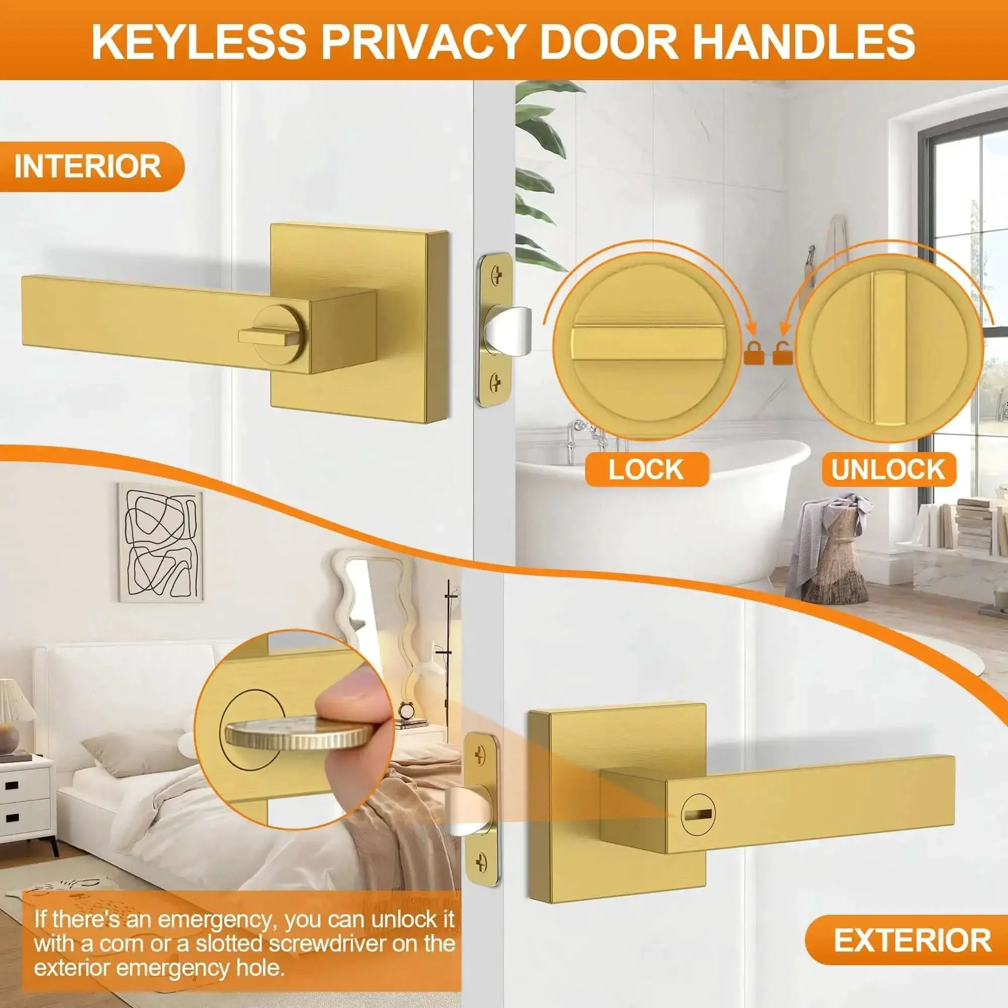 Six Pack Brushed Gold Door Handles For Interior Doors, Heavy Duty Flat Square Privacy Levers, Keyless Lever Set For Bedroom And Bathroom, Noiseless Twist, Durable Electroplated Finish - Image 7