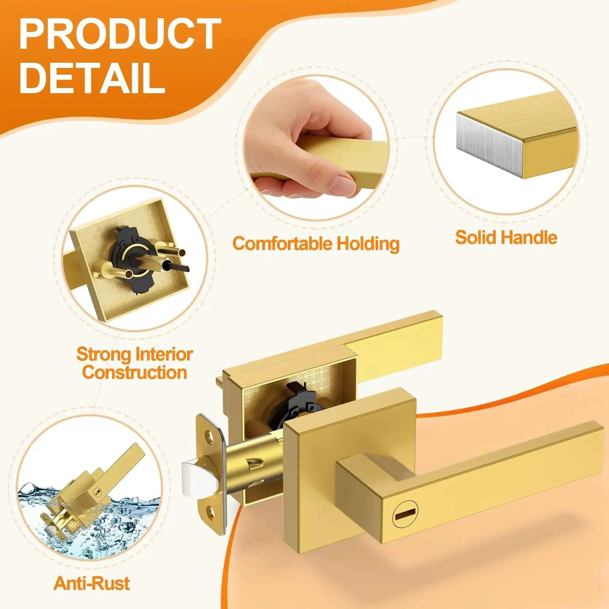 Six Pack Brushed Gold Door Handles For Interior Doors, Heavy Duty Flat Square Privacy Levers, Keyless Lever Set For Bedroom And Bathroom, Noiseless Twist, Durable Electroplated Finish - Image 8
