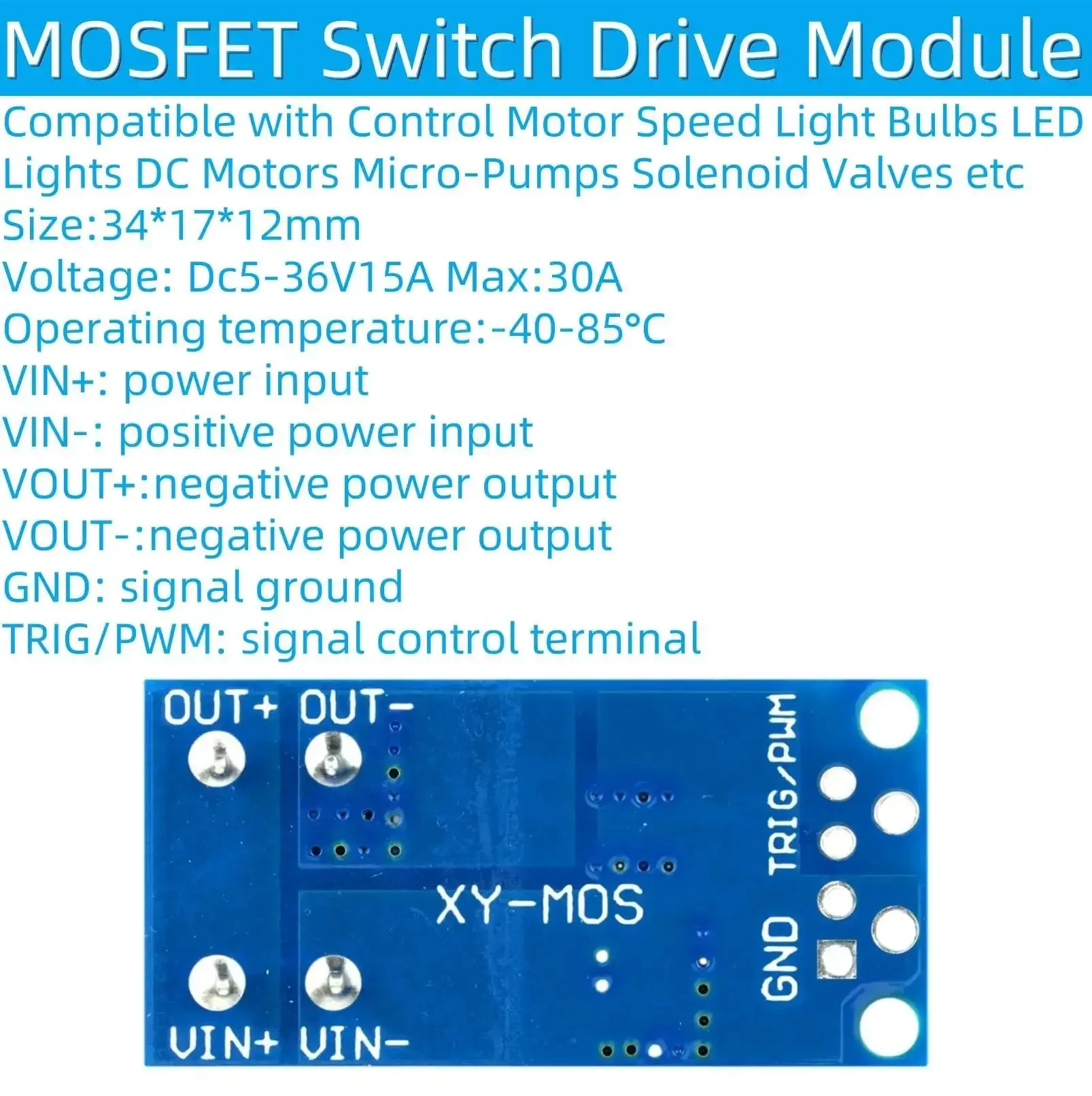 Six Pack MOSFET Switch Drive Modules PWM Control Kit For Motors LEDs And Light Bulbs 5V To 36V 15A Continuous 30A Peak 400W Each Includes Heat Sinks Screwdriver And Mounting Hardware - Image 4