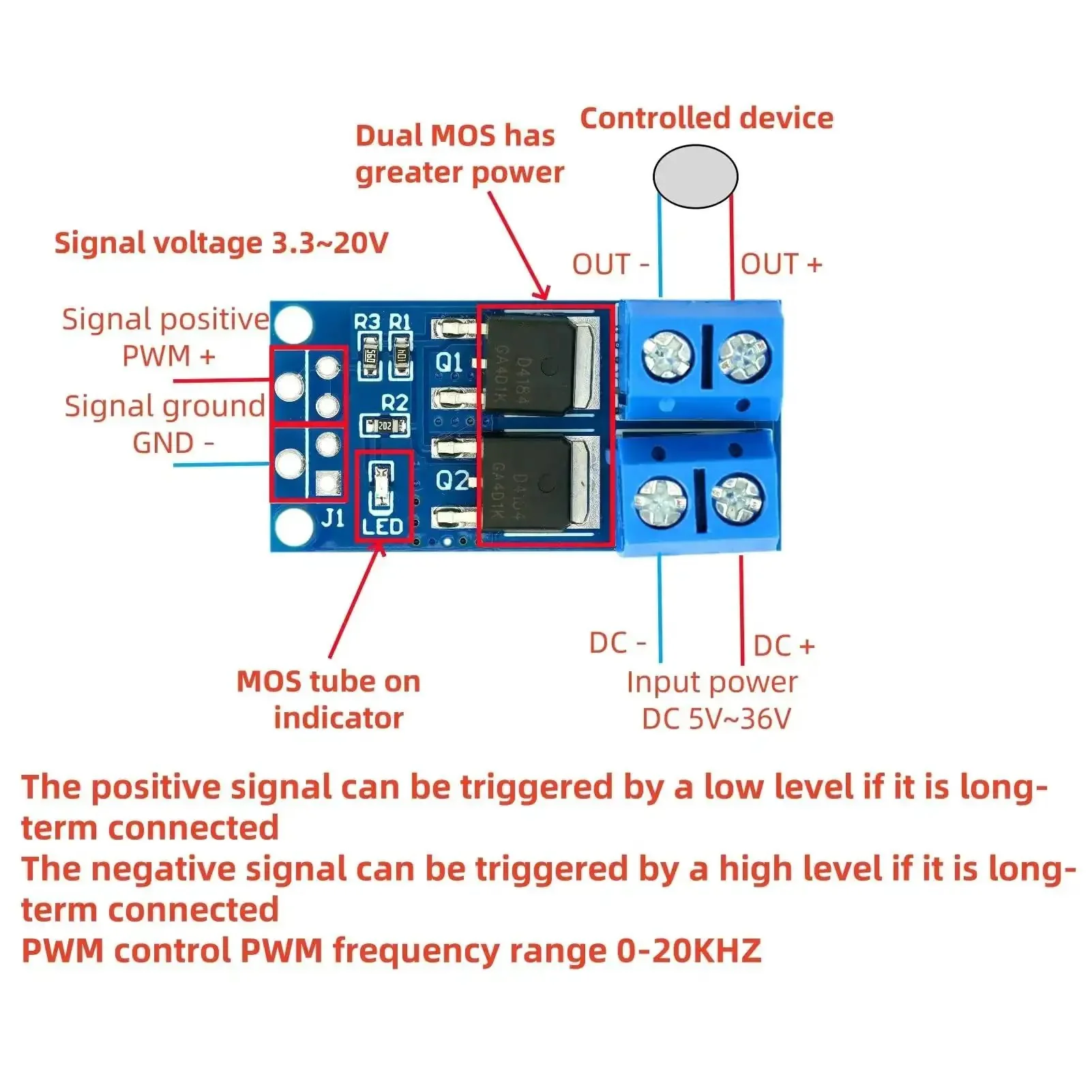 Six Pack MOSFET Switch Drive Modules PWM Control Kit For Motors LEDs And Light Bulbs 5V To 36V 15A Continuous 30A Peak 400W Each Includes Heat Sinks Screwdriver And Mounting Hardware - Image 5