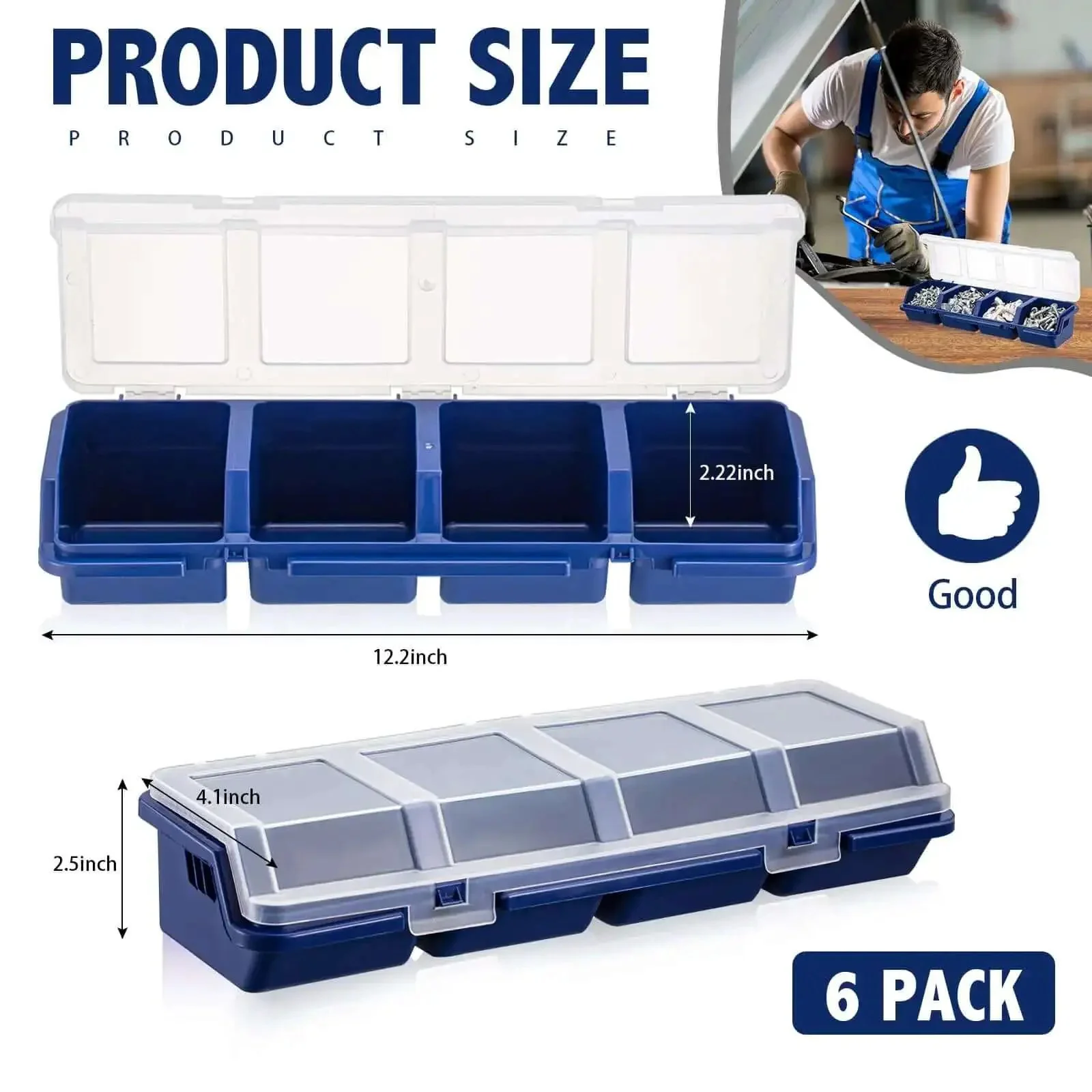 Six Pack Screw Organizer Boxes With Lids, Four Compartments Each, Plastic Stackable Hardware Organizer For Small Parts Sorting, Garage Workbench And Craft Storage, Blue - Image 5