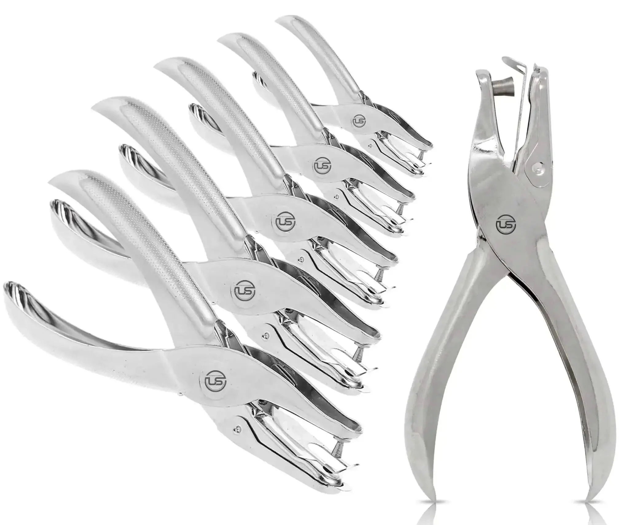 Six Pack Single Hole Puncher Set In Shiny Silver, 8 Sheet Capacity Each, One Quarter Inch Circle Paper Punch For Crafts And School, Durable Handheld Hole Punch Tool