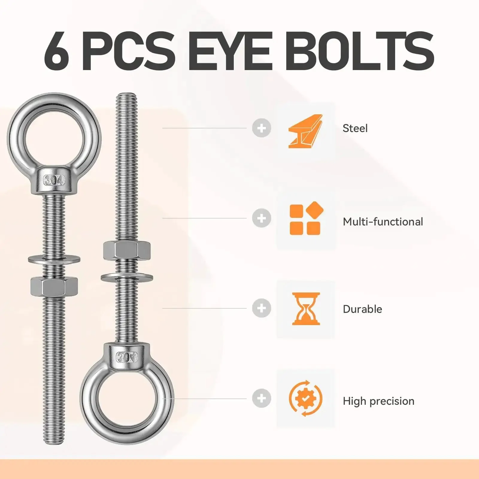 Six Pack Stainless Steel Eye Bolts With Shoulder Three Eighths Inch Four Inches Heavy Duty Lifting Rings For Indoor And Outdoor Use Includes Nuts And Washers For Ropes Cables Hooks And Gear - Image 4