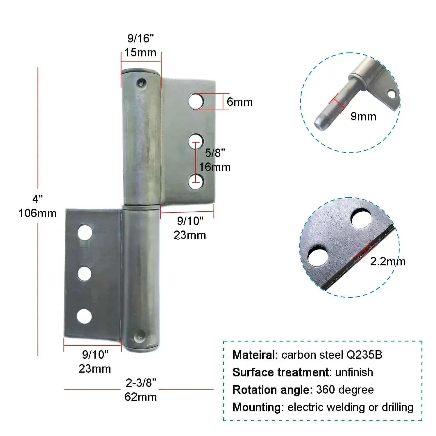 Six Pack Weldable Lift Off Flag Hinges Detachable Door Hinges For Doors And Trailer Ramps Heavy Duty Steel Weld On With Pre punched Holes Four By One And A Half Inch Size And Two Point Two Millimeter Thickness - Image 3