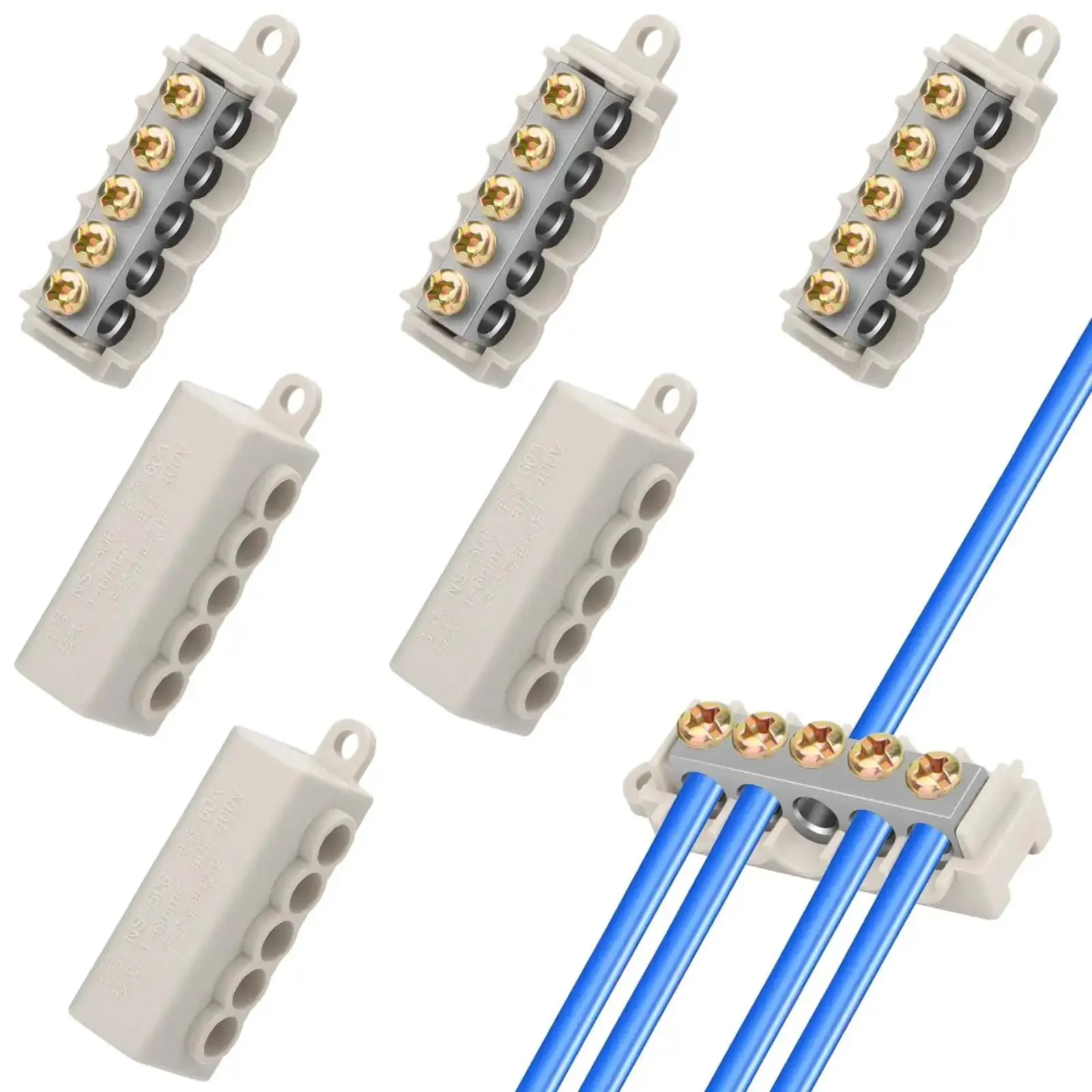 Six Piece 10 AWG Wire Connector Kit, 60 Amp 16 to 10 Gauge Brass Terminal Butt Connectors, Screw Fixed Quick Wiring Splice, Waterproof ABS Fireproof Casing, Compact Design, 1 In 4 Out