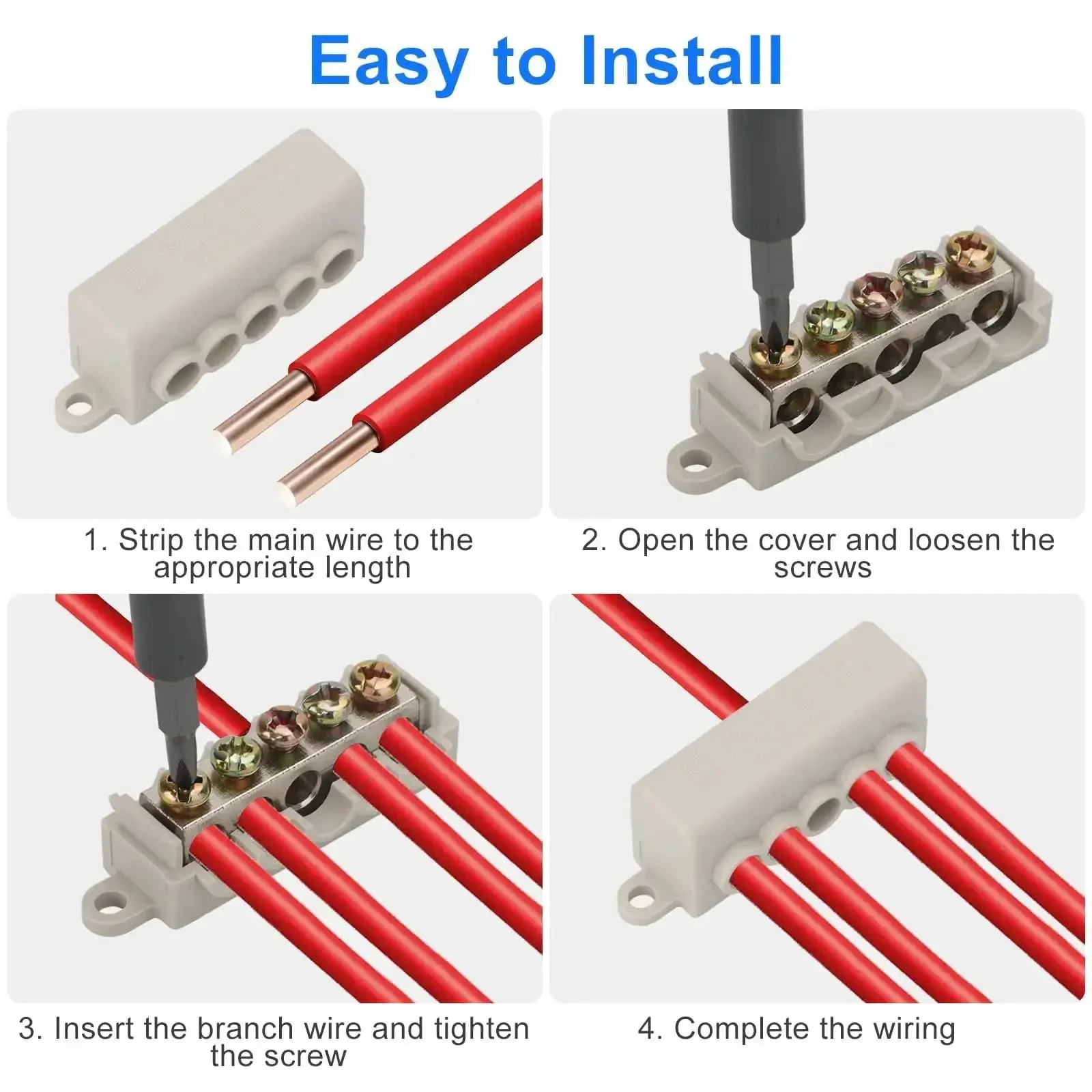 Six Piece 10 AWG Wire Connector Kit, 60 Amp 16 to 10 Gauge Brass Terminal Butt Connectors, Screw Fixed Quick Wiring Splice, Waterproof ABS Fireproof Casing, Compact Design, 1 In 4 Out - Image 3