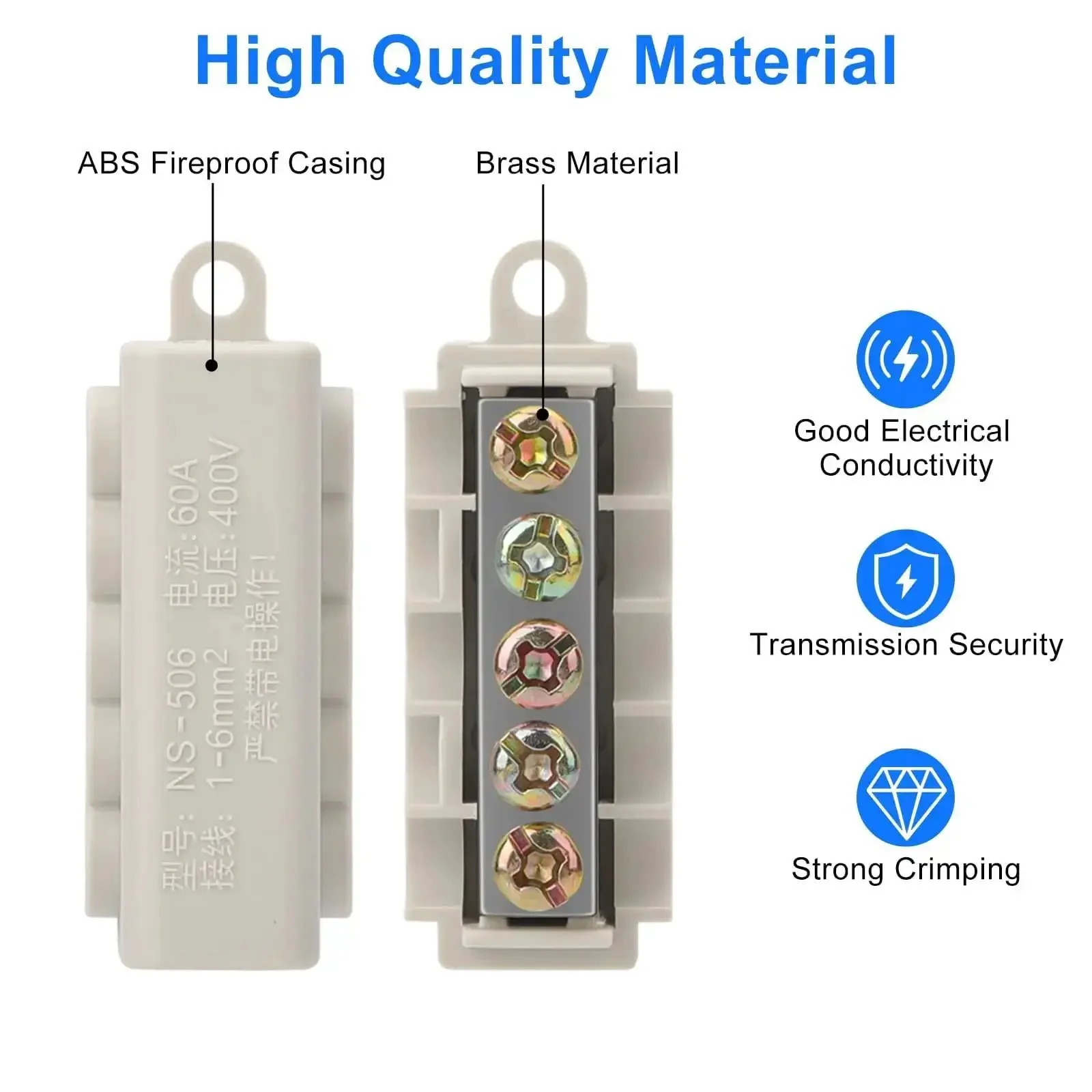 Six Piece 10 AWG Wire Connector Kit, 60 Amp 16 to 10 Gauge Brass Terminal Butt Connectors, Screw Fixed Quick Wiring Splice, Waterproof ABS Fireproof Casing, Compact Design, 1 In 4 Out - Image 5