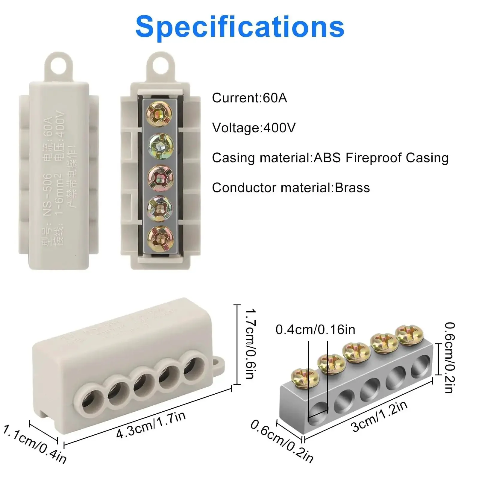 Six Piece 10 AWG Wire Connector Kit, 60 Amp 16 to 10 Gauge Brass Terminal Butt Connectors, Screw Fixed Quick Wiring Splice, Waterproof ABS Fireproof Casing, Compact Design, 1 In 4 Out - Image 6