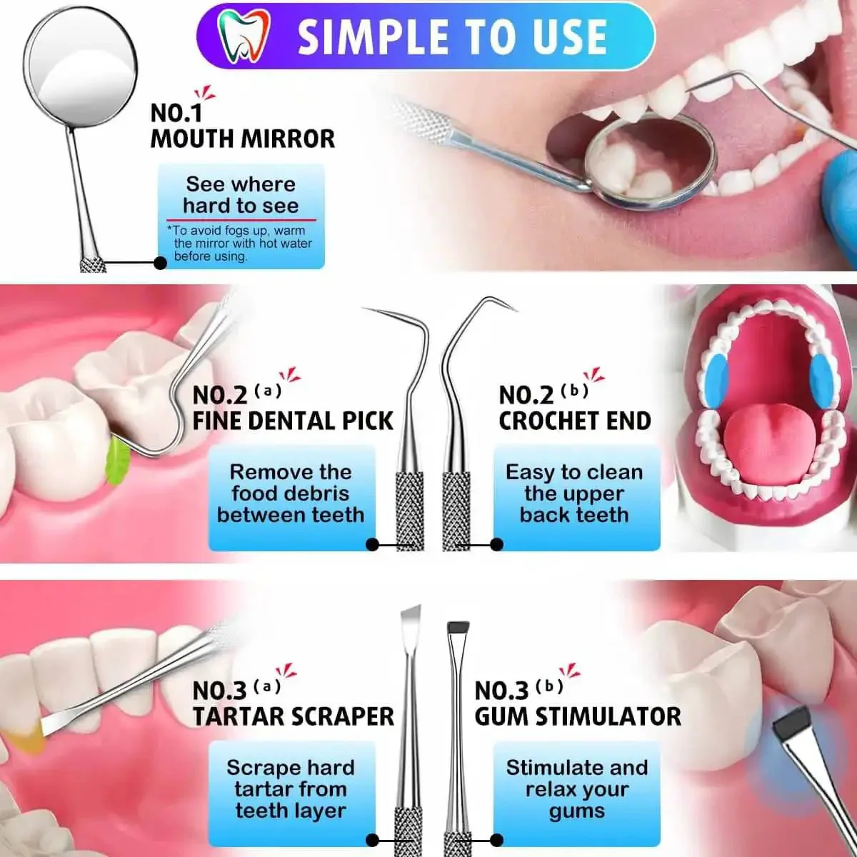 Six Piece At Home Dental Hygiene Kit for Plaque and Tartar Removal Stainless Steel Dental Picks With Case Easy Grip Pro Grade Teeth Cleaning Tools for Everyday Use and a Fresh Confident Smile - Image 6
