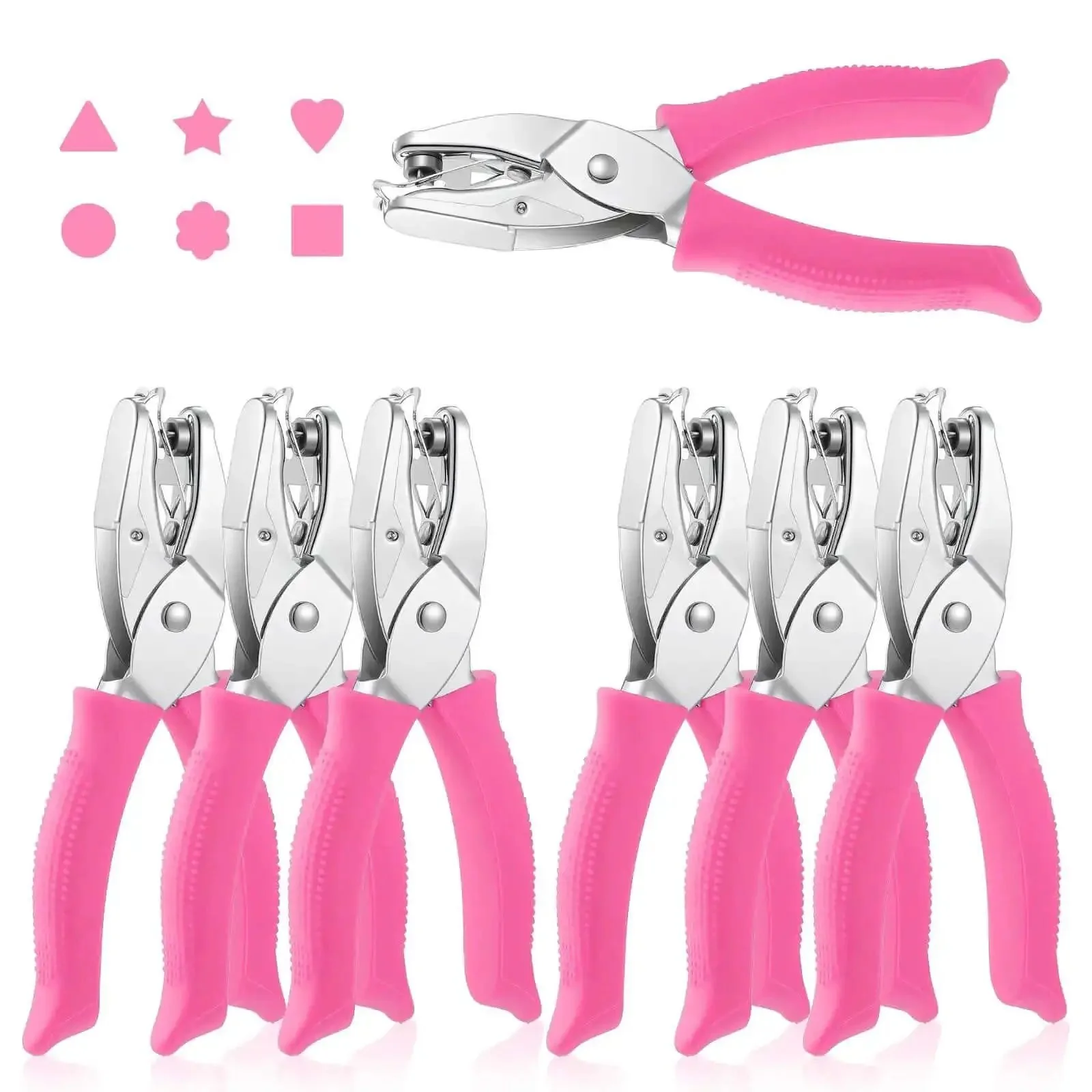 Six Piece Craft Hole Punch Set For Scrapbooking And Binders, 1/4 And 3/16 Inch Handheld Hole Punches With Circle Heart Star Triangle Square Flower Shapes, Soft Grip Handles And Auto Paper Chip Collector
