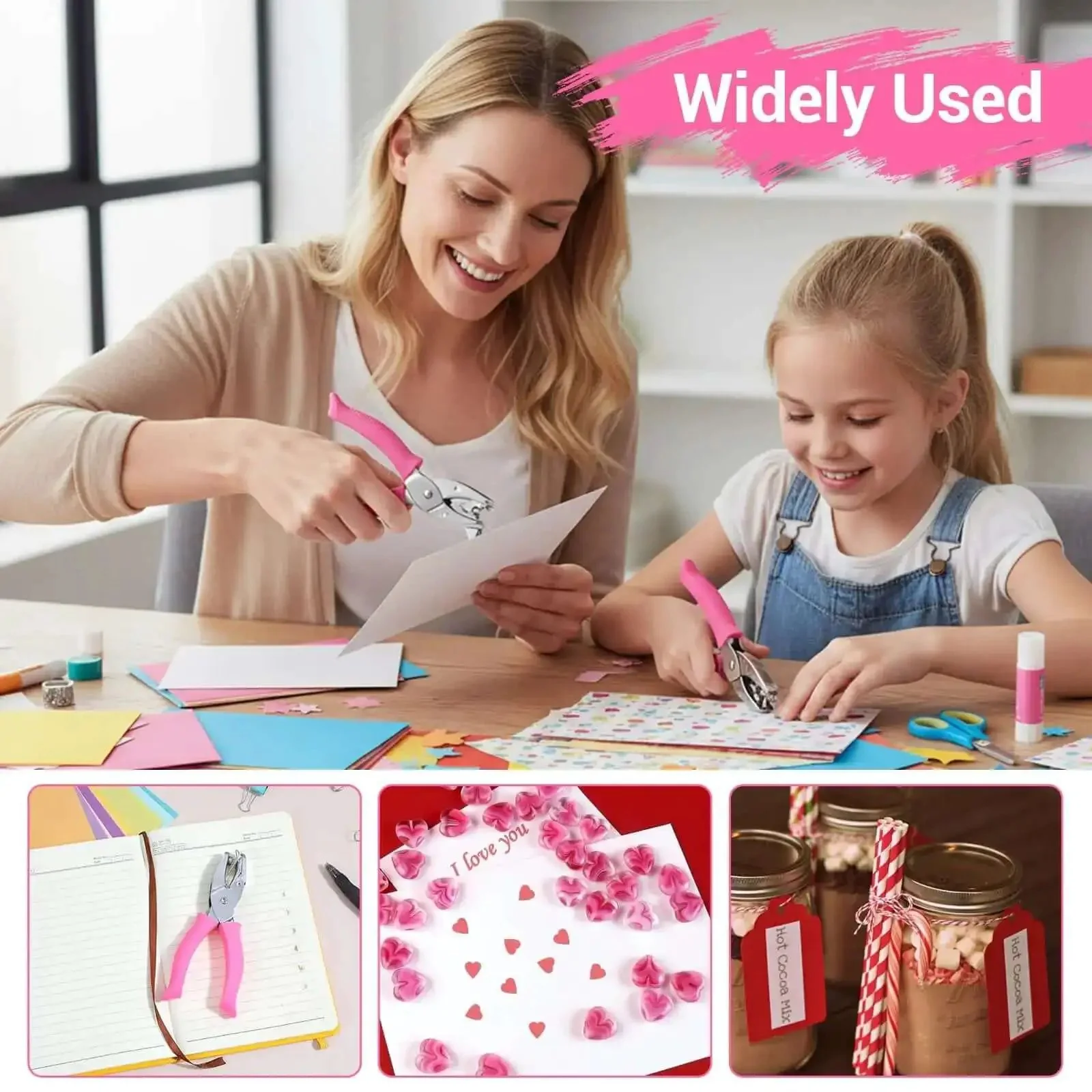 Six Piece Craft Hole Punch Set For Scrapbooking And Binders, 1/4 And 3/16 Inch Handheld Hole Punches With Circle Heart Star Triangle Square Flower Shapes, Soft Grip Handles And Auto Paper Chip Collector - Image 2