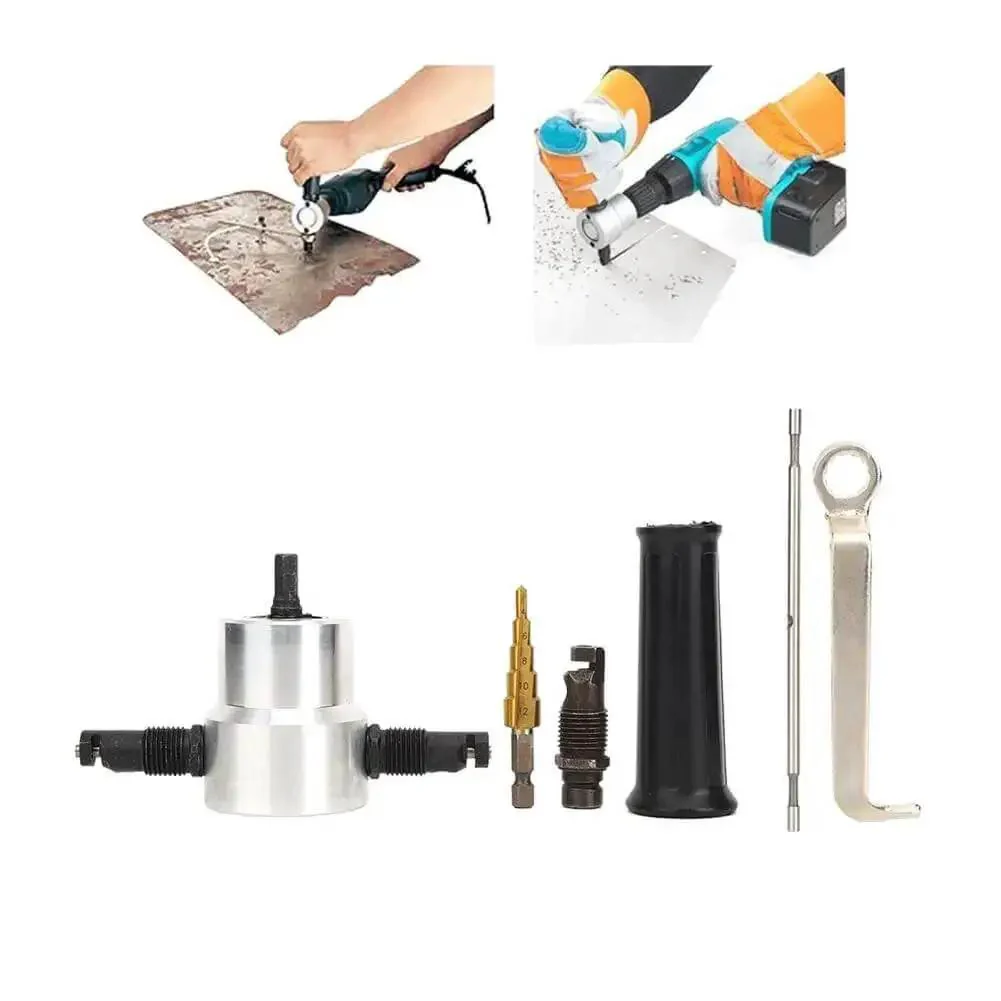 Six Piece Double Head Metal Nibbler Cutter Drill Attachment Kit For Cutting Iron And Stainless Steel, 360 Degree Adjustable Head For Precise Straight And Curve Cuts, Ergonomic Handle, Heavy Duty And Pro Grade Hole Saw Tool - Image 4