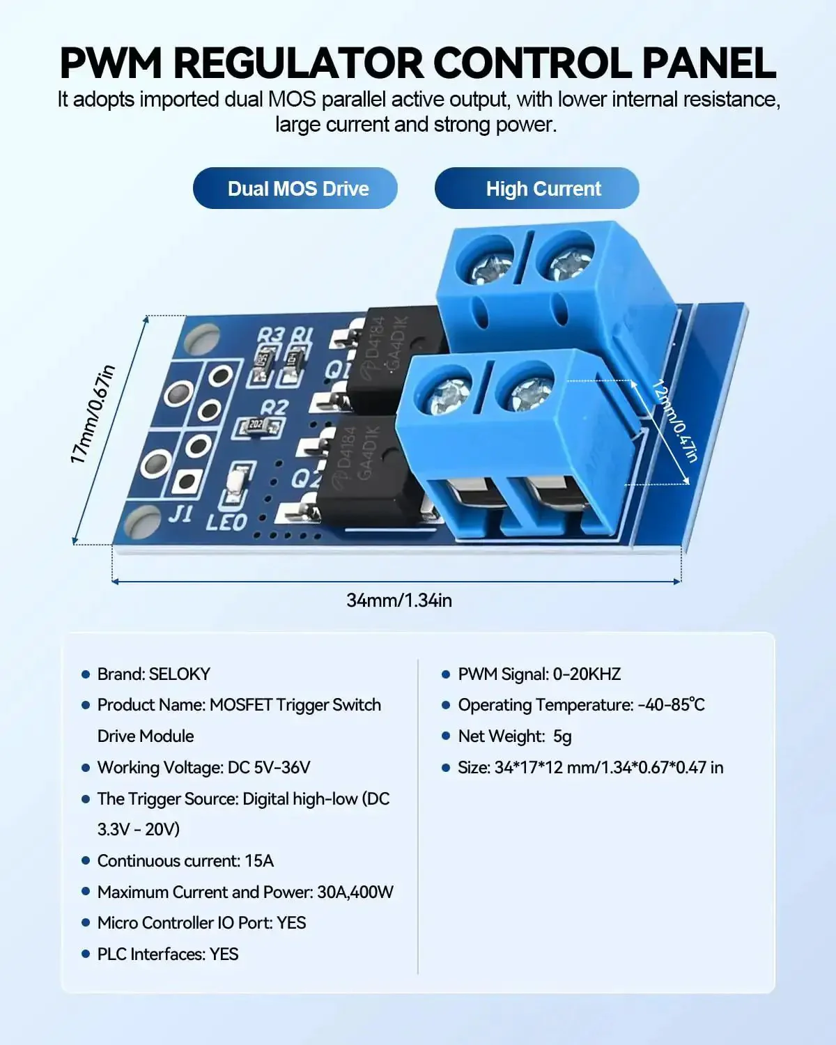 Six Piece Dual High Power MOSFET Trigger Switch Drive Module Kit With 0-20KHz PWM Adjustment, Electronic Switch Control Board For Motor Speed And Lamp Brightness, DC 5V-36V, 400W, 15A Continuous, 30A Peak - Image 5