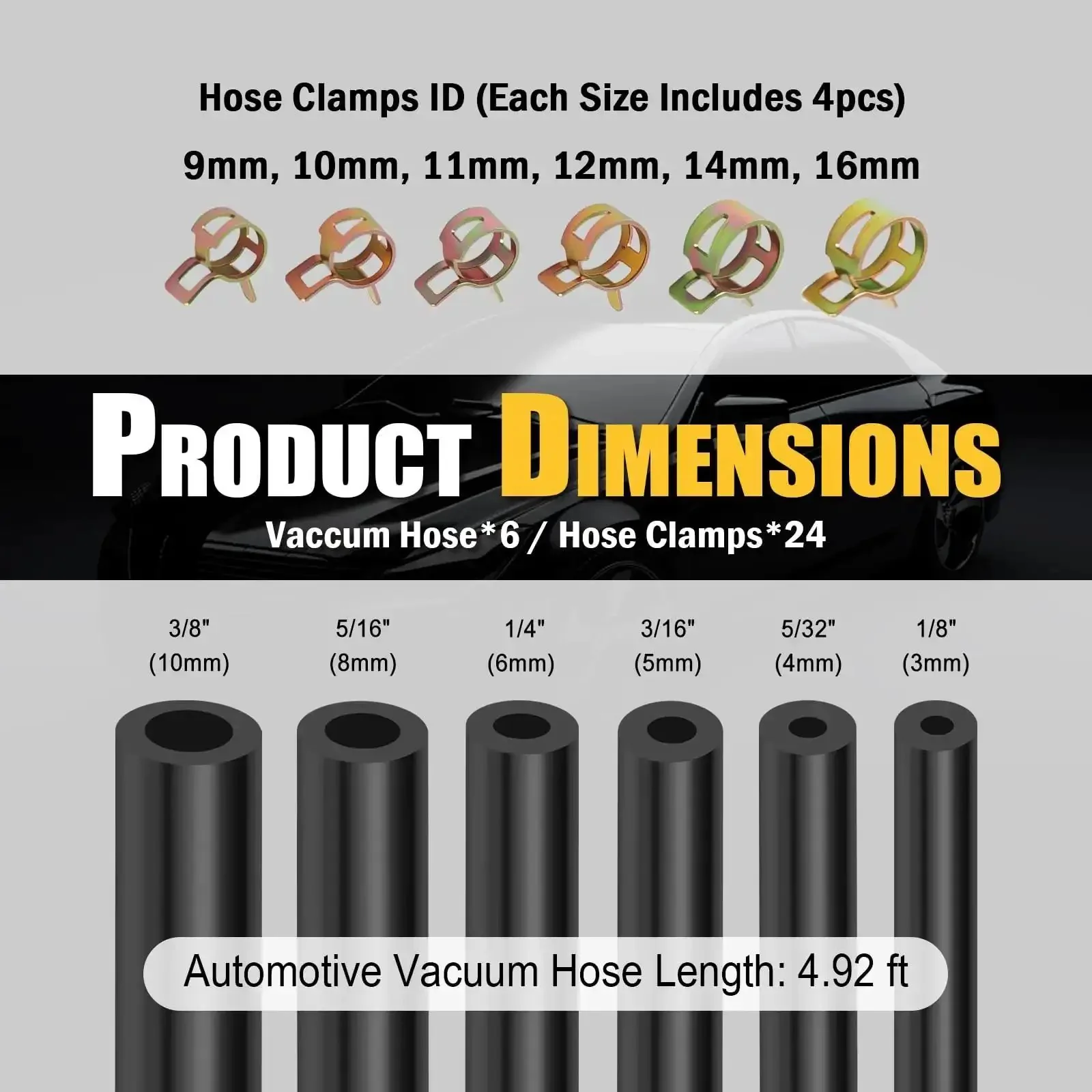 Six Piece Five Foot Silicone Vacuum Hose Kit With Sizes From One Eighth To Three Eighths Inch Includes Twenty Four Hose Clamps And Sixty Four Connectors The Easy Automotive Vacuum Line Repair Set For DIY Projects And Car Maintenance - Image 7