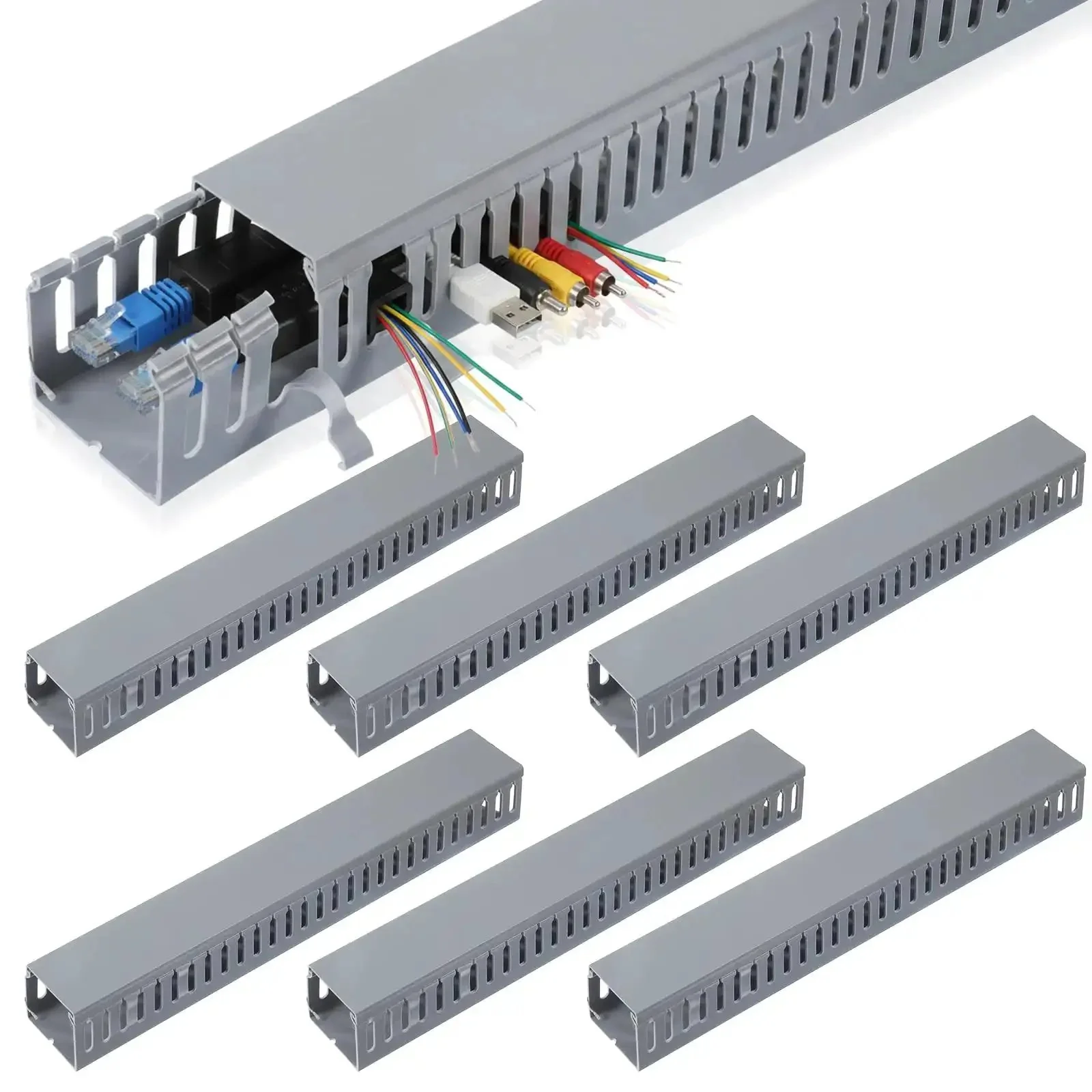 Six Piece Open Slot Wiring Raceway Duct For Under Desk Cable Management And Cord Track To Hide Computer Wires Easy Install With Tape And Screws Black PVC - Image 2
