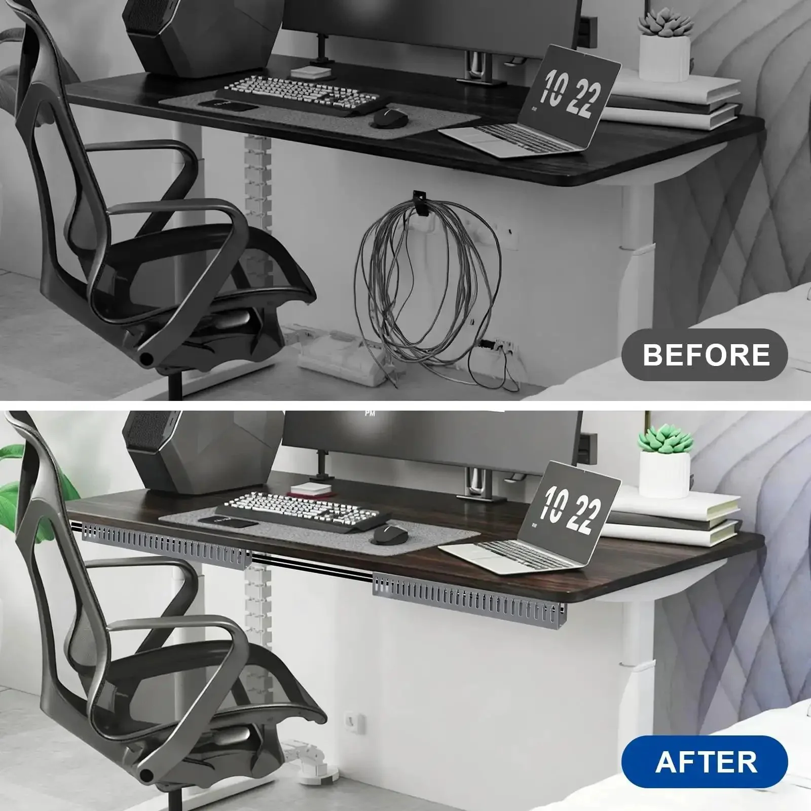 Six Piece Open Slot Wiring Raceway Duct For Under Desk Cable Management And Cord Track To Hide Computer Wires Easy Install With Tape And Screws Black PVC - Image 5